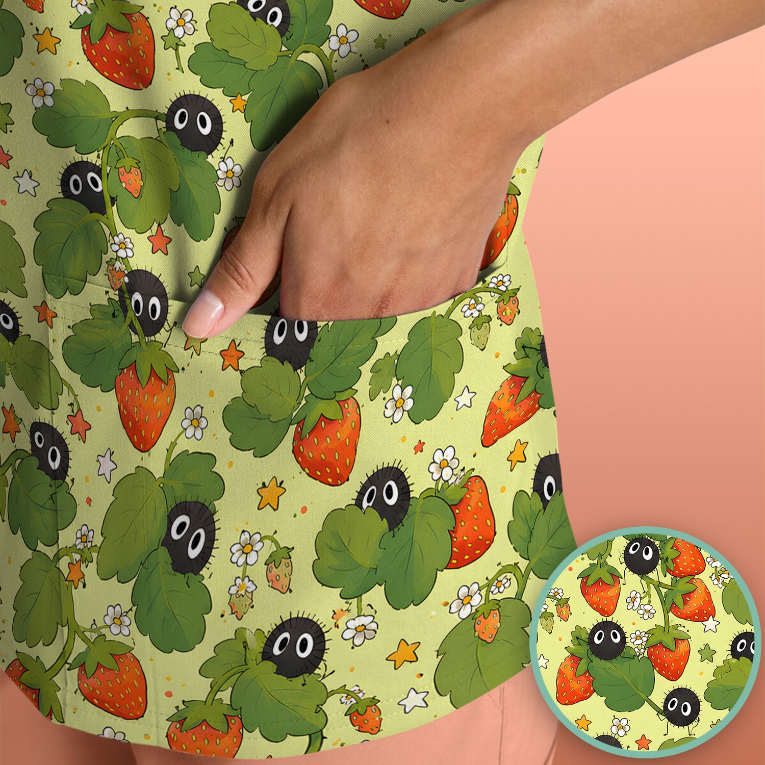 Cute Strawberry Soot Sprite Pattern Scrub Top, Comfortable Scrubs for Nurses