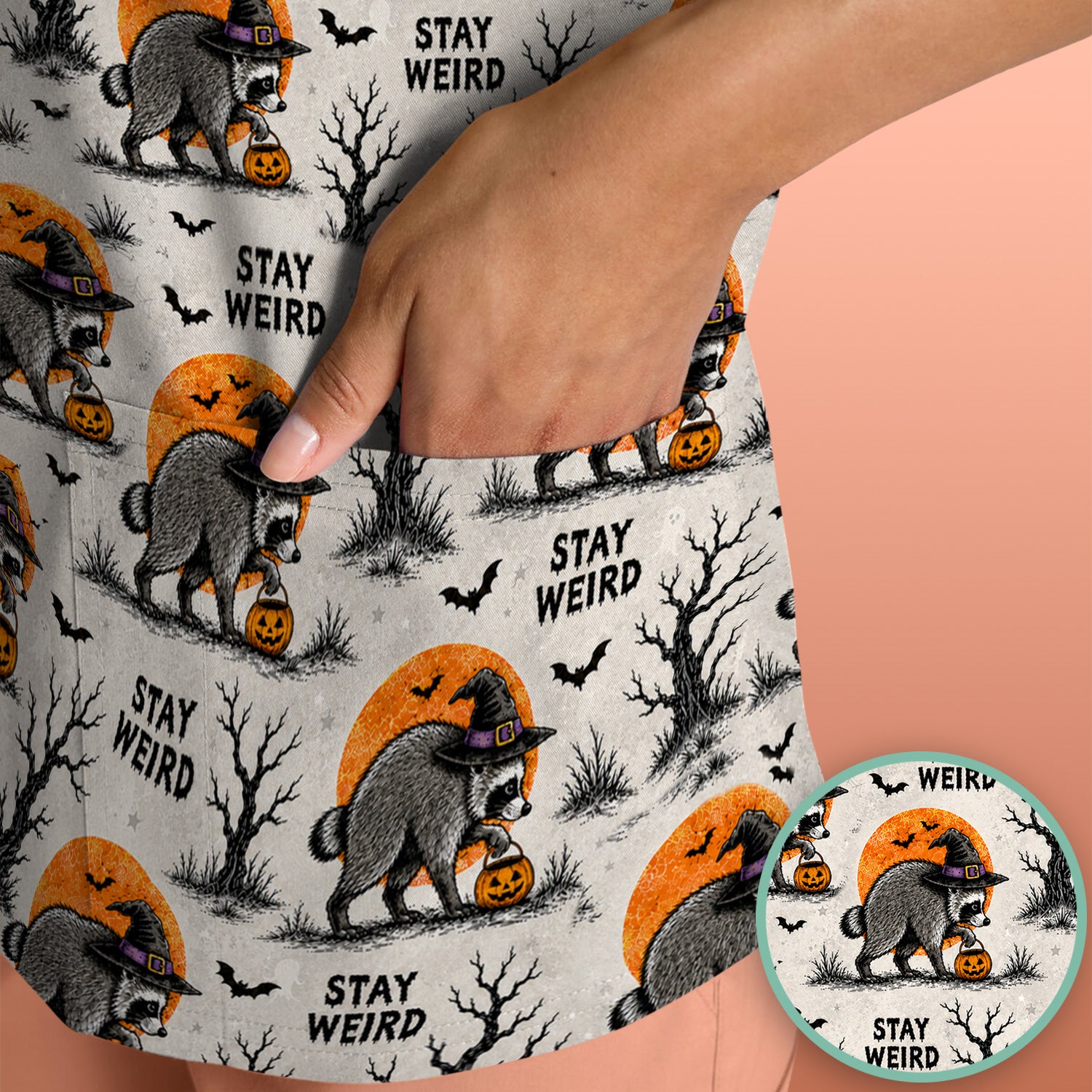 Funny Stay Weird Halloween Raccoon Scrub Top, Comfortable Scrubs for Nurses
