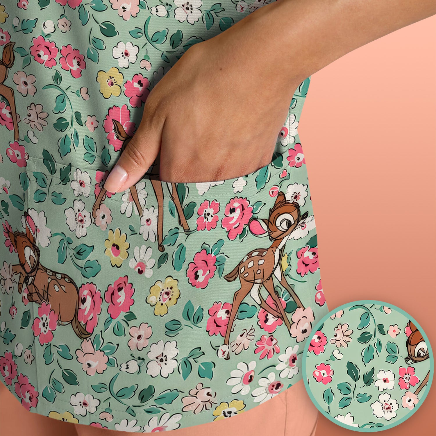 Cute Baby Deer Floral Pattern Scrub Top, Breathable Fabrics Nursing Uniform