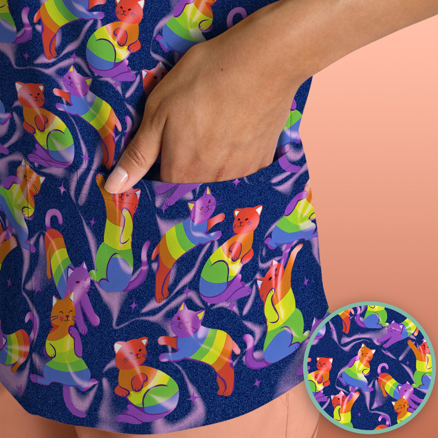 Rainbow Pride Cat Pattern Scrub Top, Breathable Fabrics Nursing Uniform