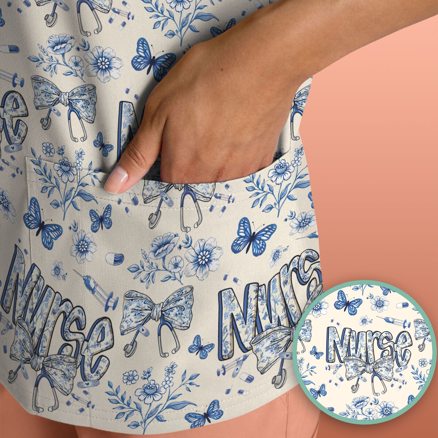 Blue Nurse Letter Bow Butterfly Floral Print Scrub Top, Comfortable Scrubs for Nurses