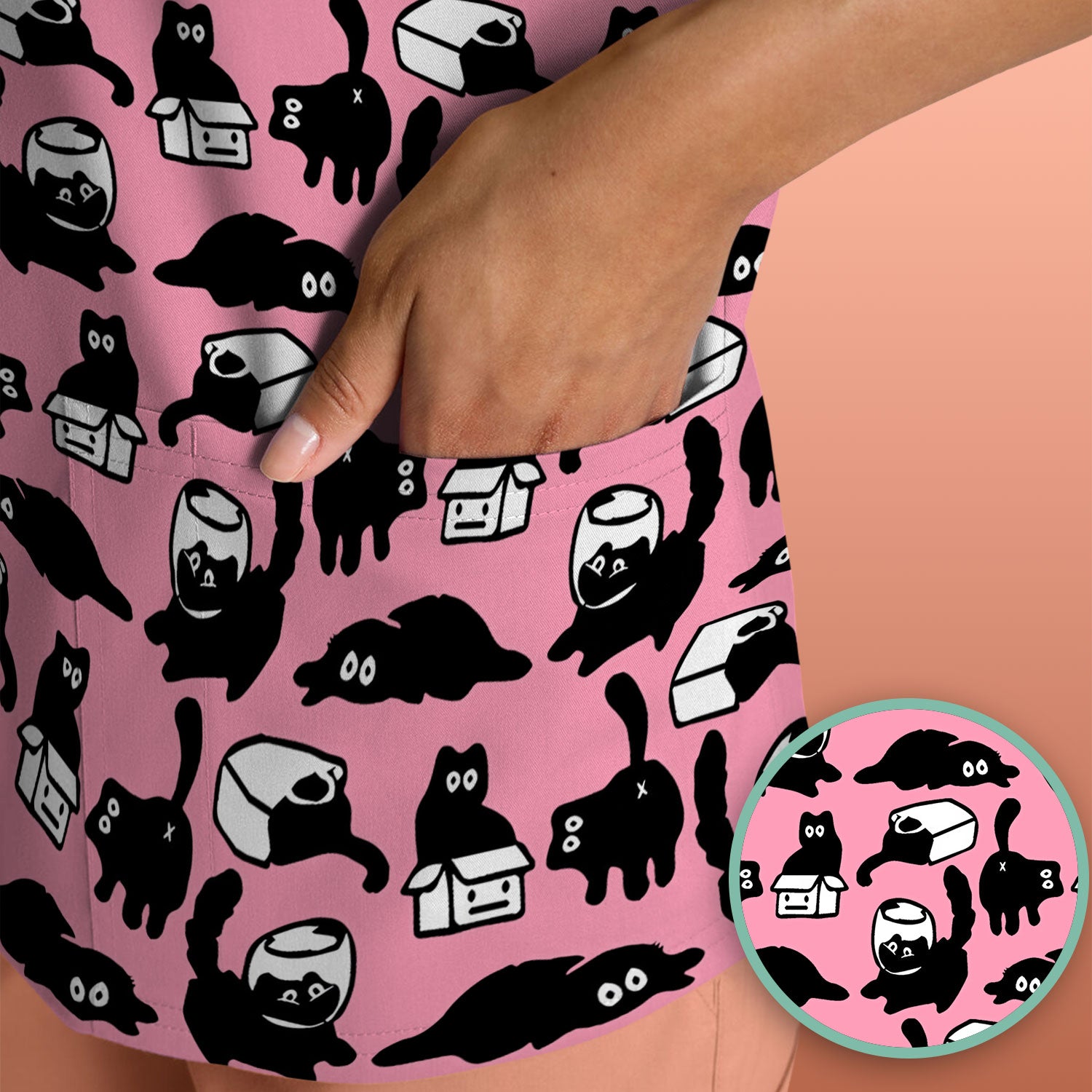 Dark Playful Cat Cartoon Pattern Scrub Top, Comfortable Scrubs for Nurses