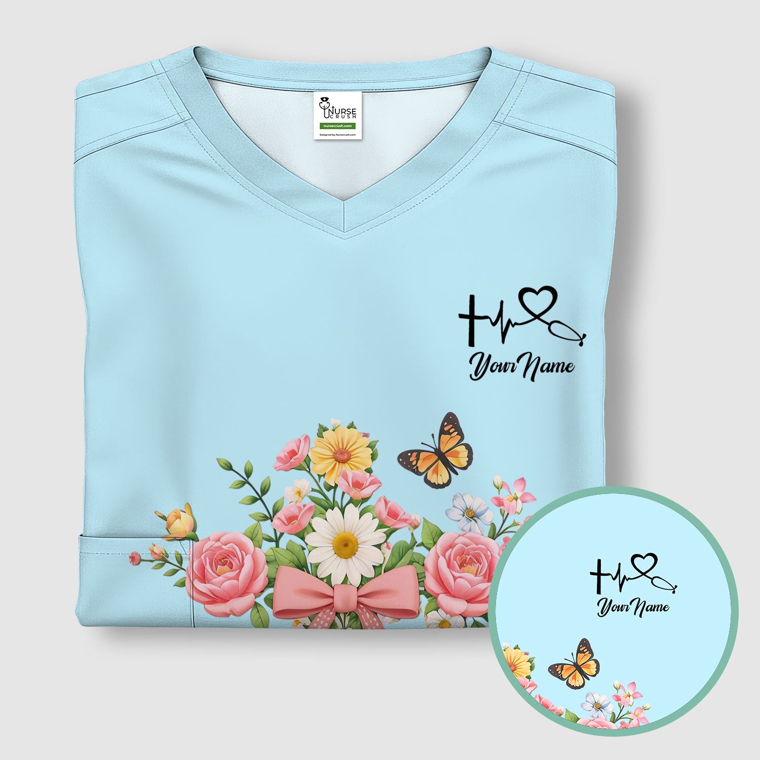 Personalized Meaningful Easter Nurse He Is Risen Floral Cross Bow Pattern Scrub Top, Comfortable Scrubs for Nurses