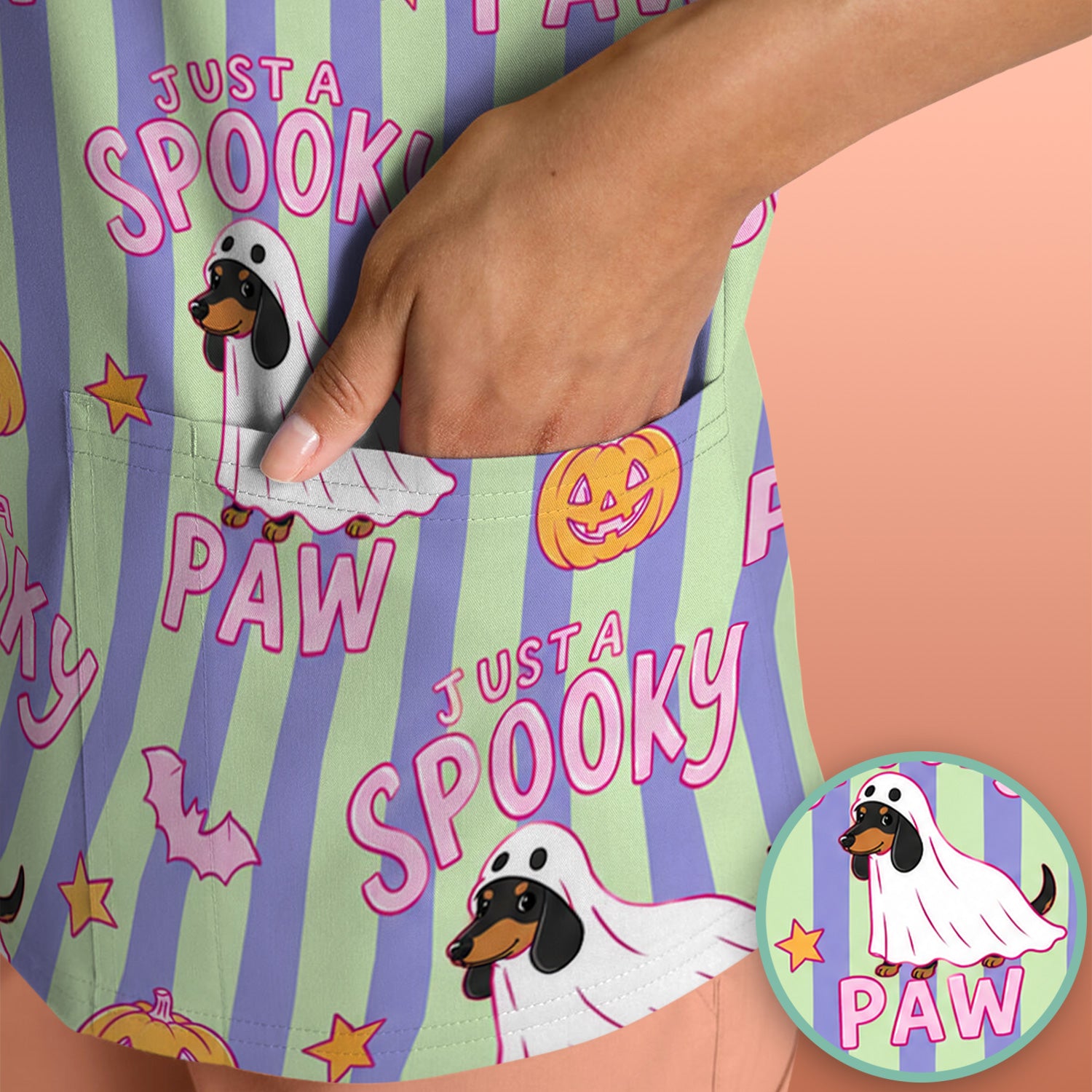 Just A Spooky Dachshund Paw Print Scrub Top, Comfortable Scrubs for Nurses