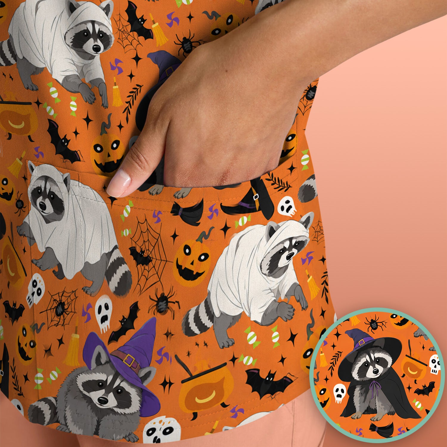 Cute Halloween Raccoon Costumes Print Scrub Top, Comfortable Scrubs for Nurses