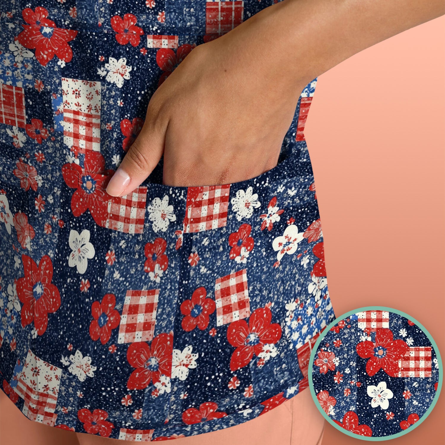 Patriotic Gingham Floral Patchwork Pattern Scrub Top, Comfortable Scrubs for Nurses