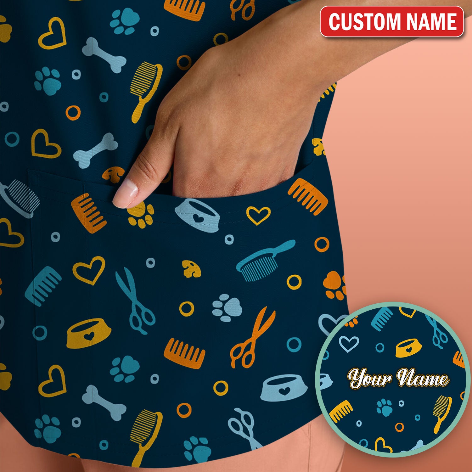 Custom Name Dog Cat Grooming Pattern Scrub Top, Breathable Fabrics Nursing Uniform