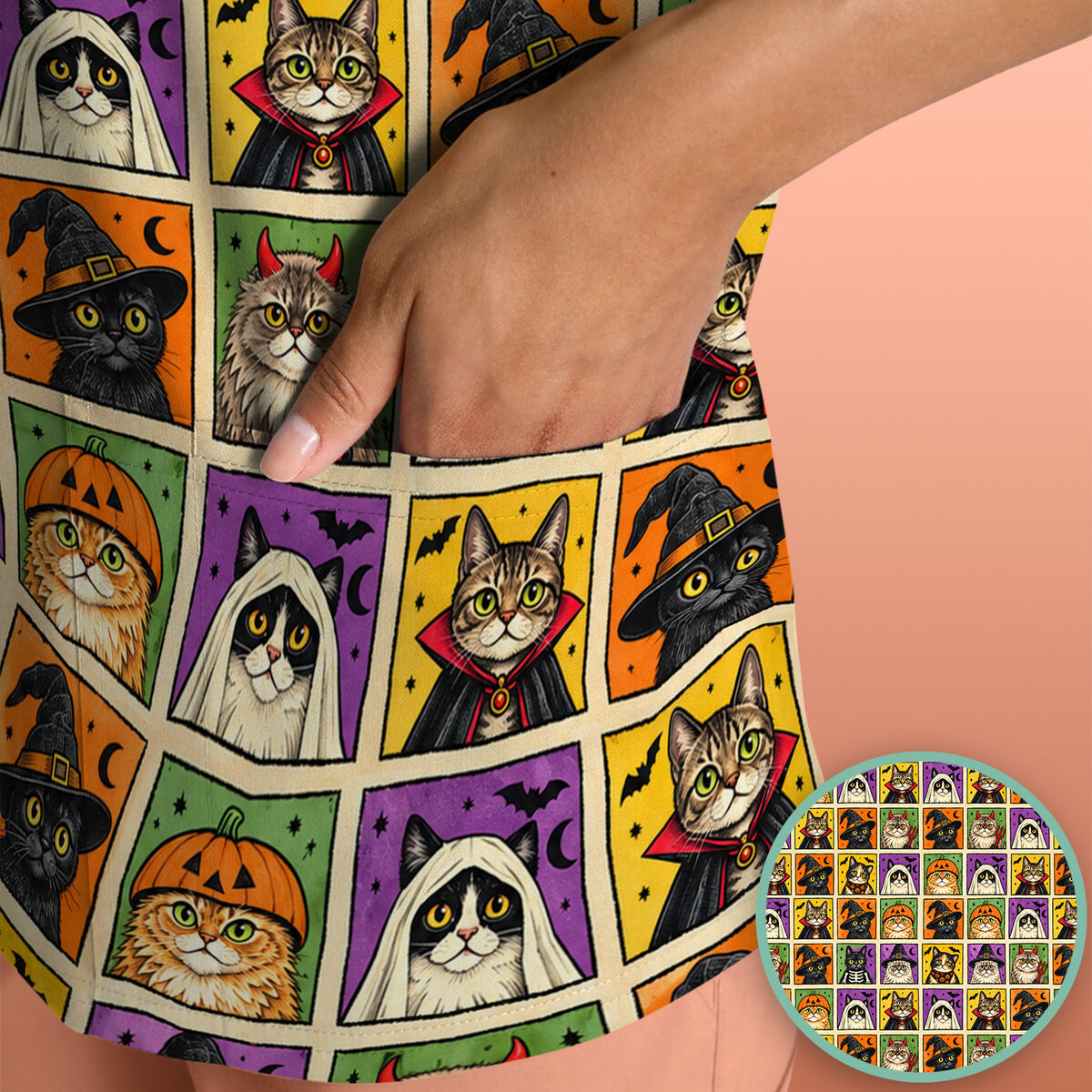Halloween Cat Costume Patchwork Scrub Top, Comfortable Scrubs for Nurses