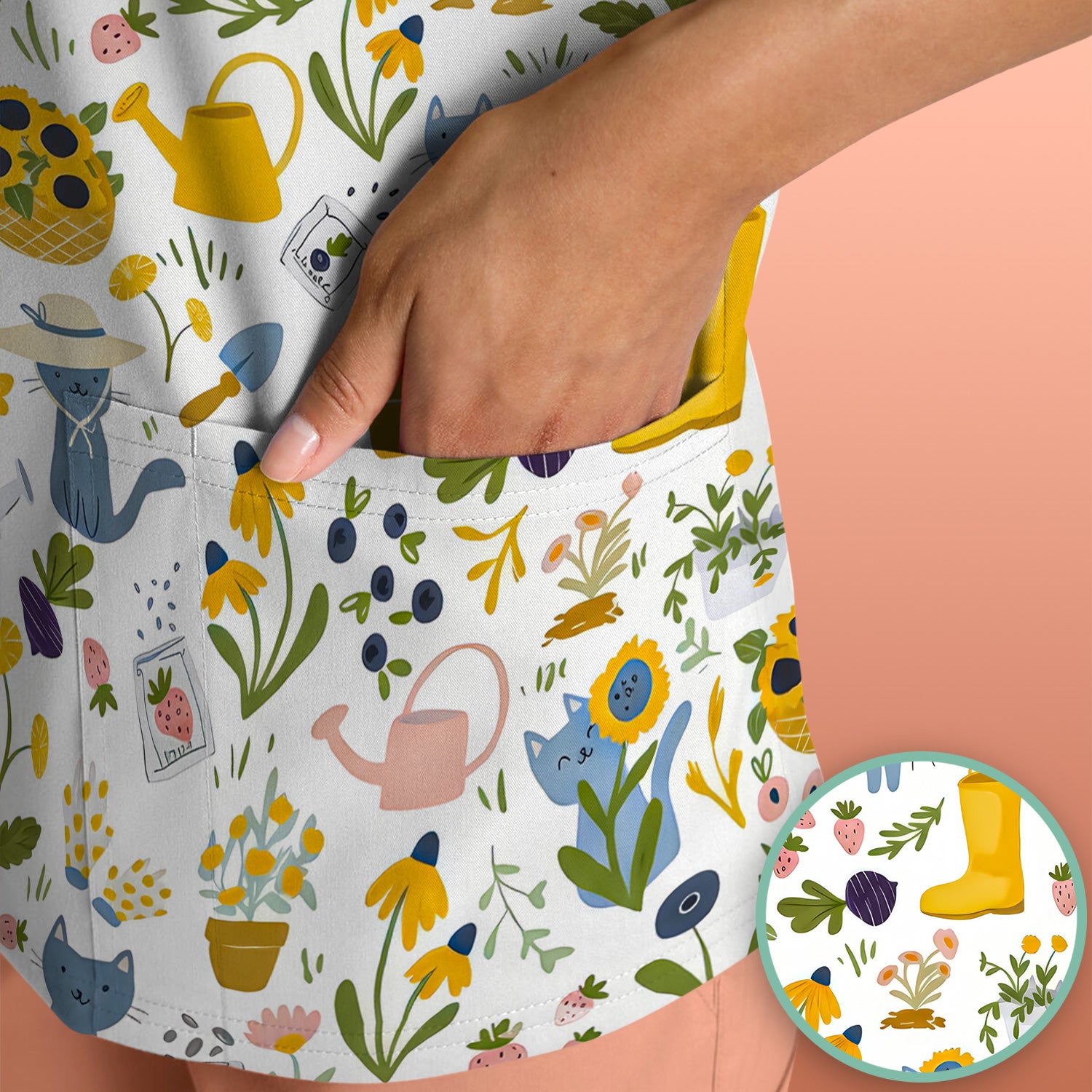 Cat Gardening Wildflower Tools Pattern Scrub Top, Comfortable Scrubs for Nurses