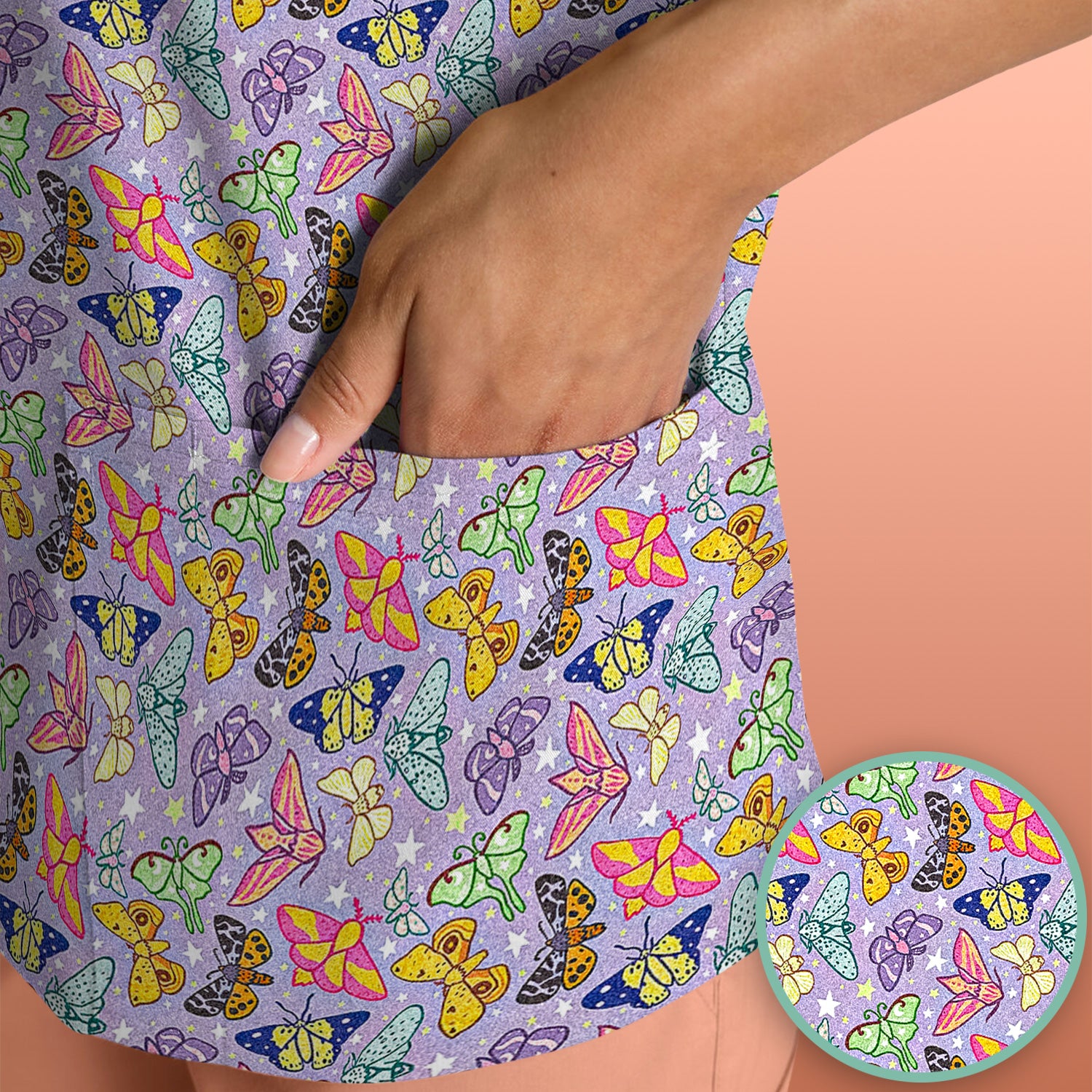 Colorful Butterfly Pattern Scrub Top, Breathable Fabrics Nursing Uniform