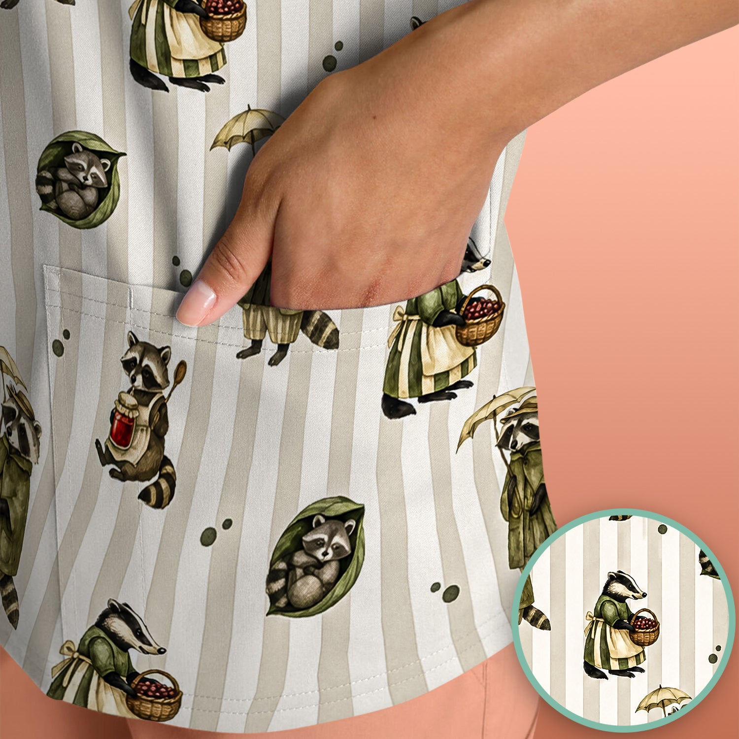 Cute Woodland Raccoon Print Scrub Top, Comfortable Scrubs for Nurses