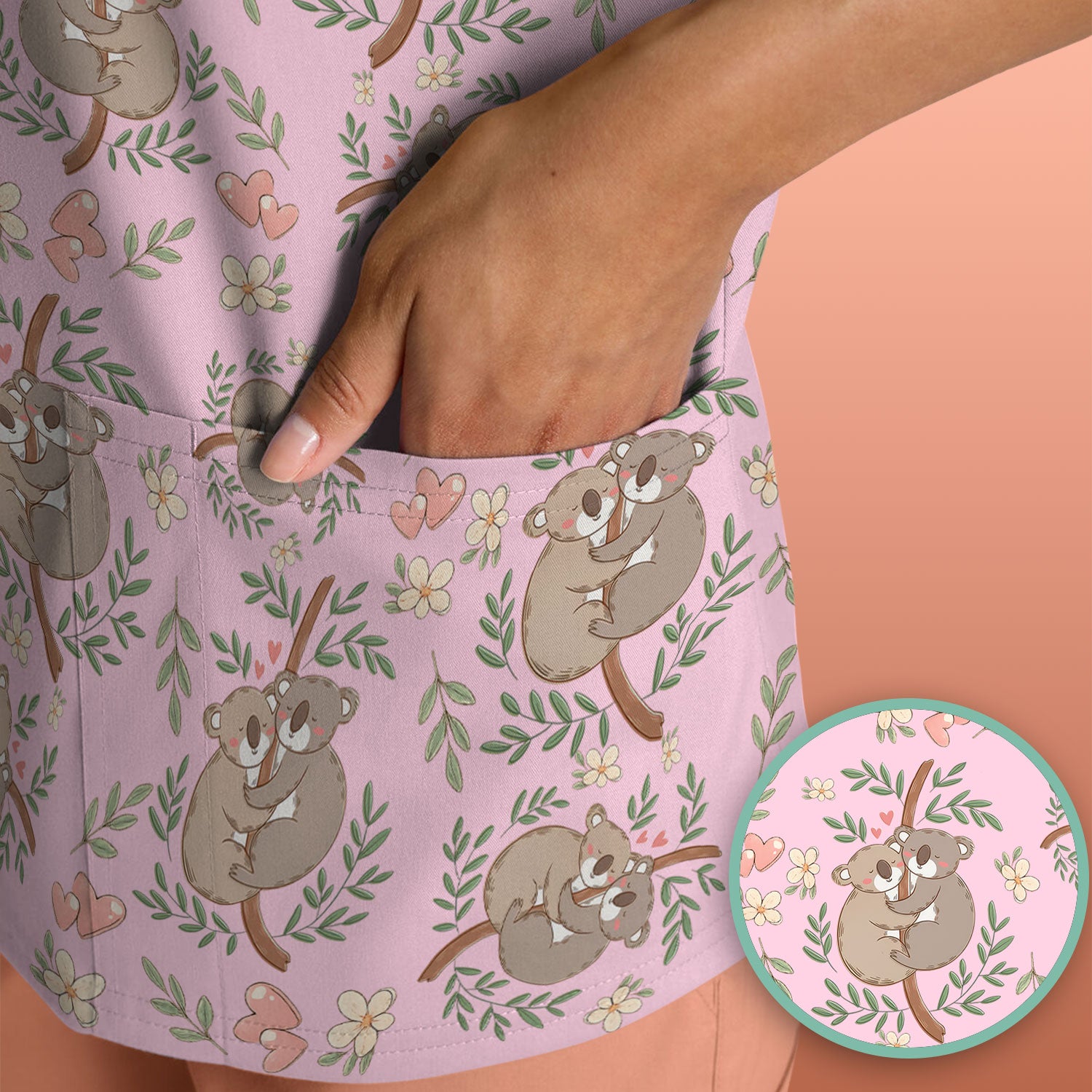 Cute Koala Love Pattern Medical Scrub Top, Breathable Fabrics Nursing Uniform
