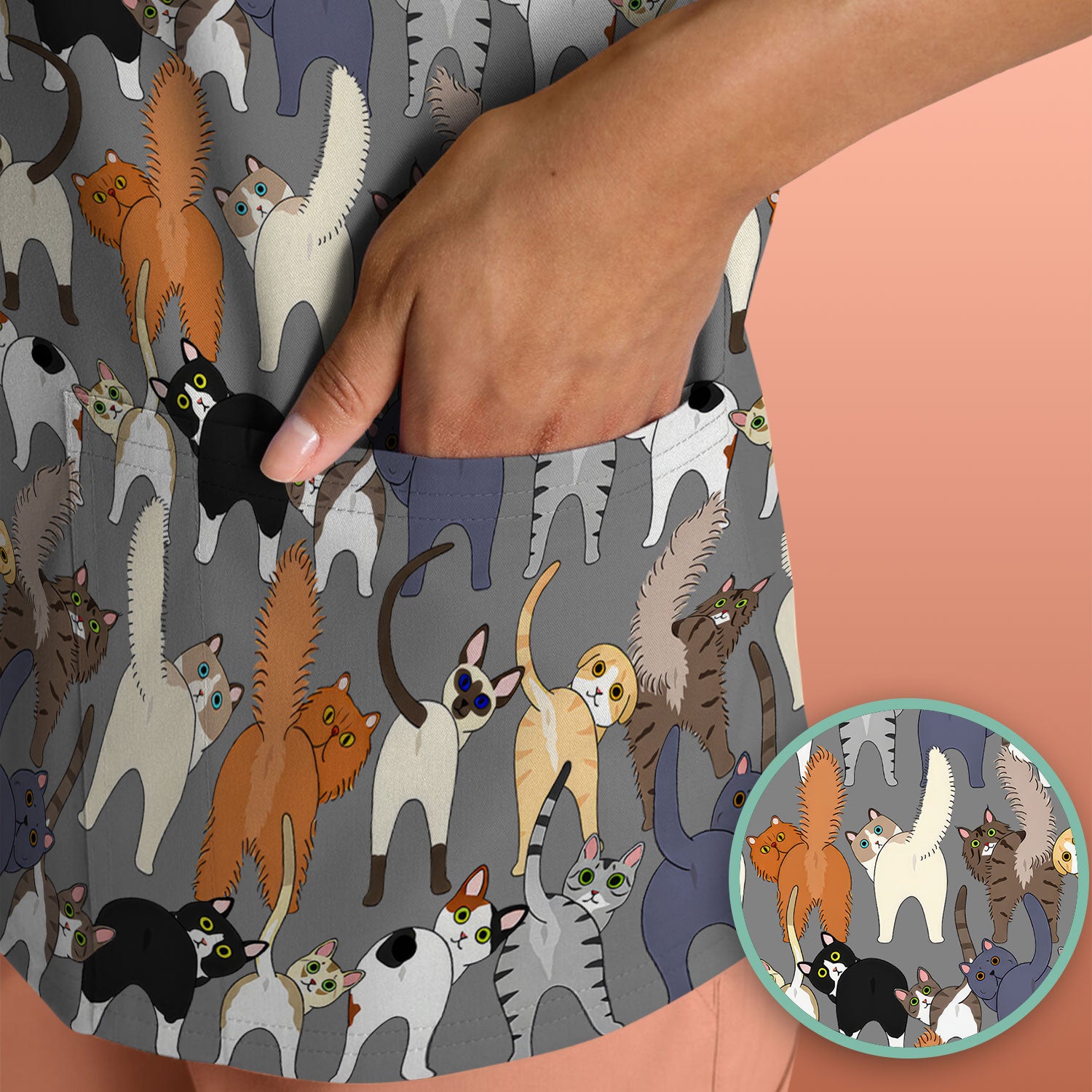 Whimsical Multicolor Cat Cartoon Pattern Scrub Top, Comfortable Scrubs for Nurses