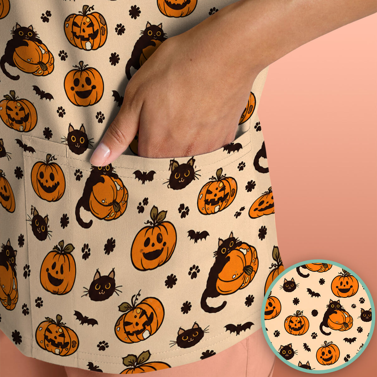 Cute Halloween Black Cat And Pumpkins Scrub Top, Comfortable Scrubs for Nurses