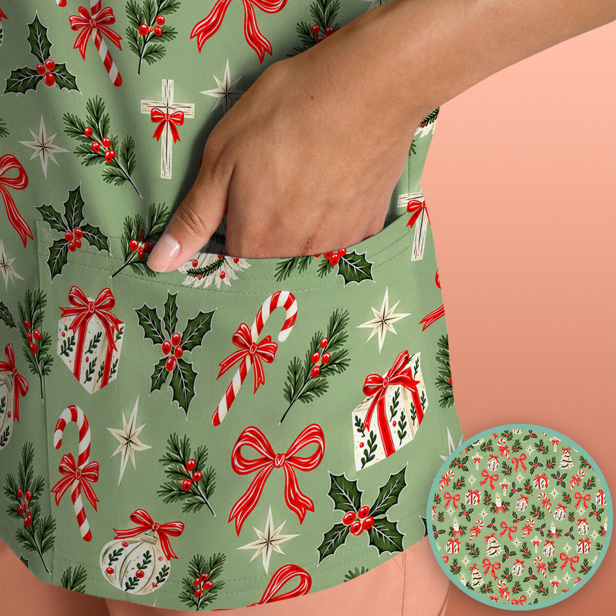 Christian Christmas Bows And Holly Scrub Top, Comfortable Scrubs for Nurses