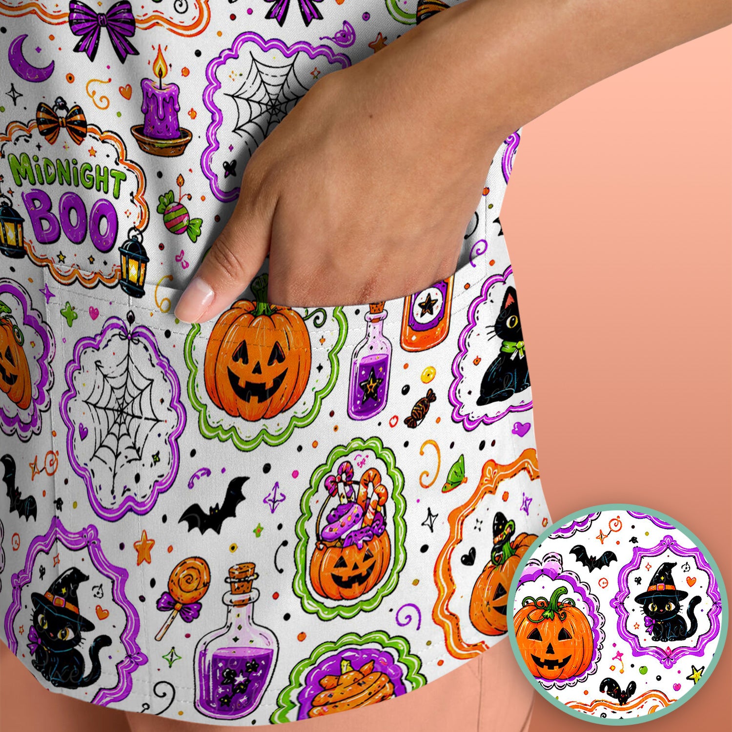 Witchy Halloween Magic And Pumpkins Scrub Top, Comfortable Scrubs for Nurses