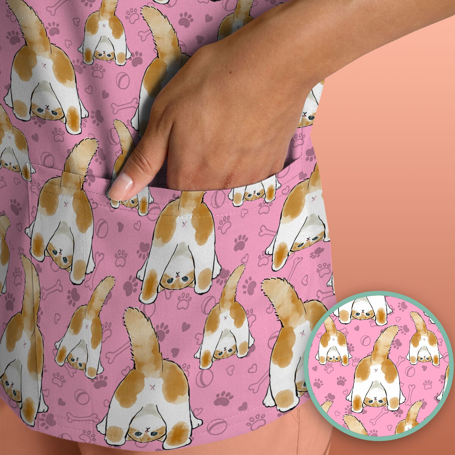 Cute Cat Butt Nurse Scrub Top, Cat Pattern Medical Shirt For Pet Lover, Breathable Fabrics Nursing Uniform