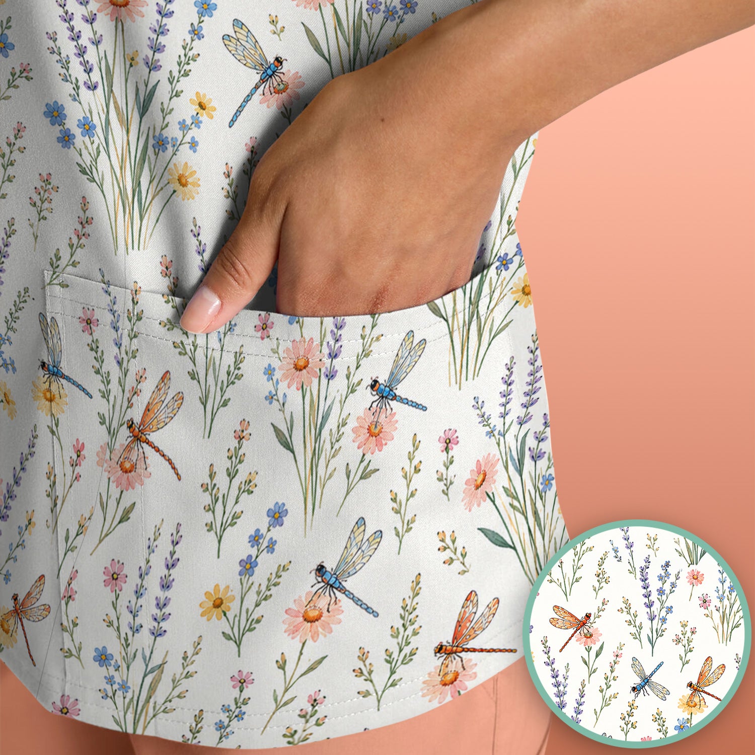 Dragonfly Wildflower Meadow Pattern Scrub Top, Comfortable Scrubs for Nurses