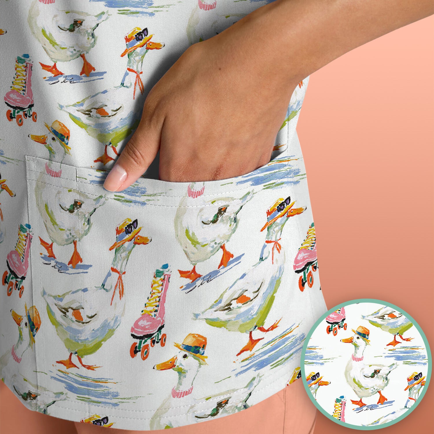 Roller Skating Goose Nurse Pattern Scrub Top, Comfortable Scrubs for Nurses