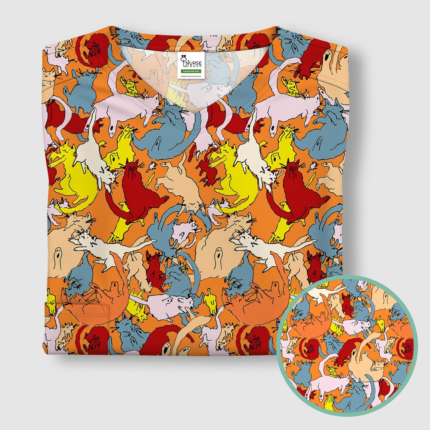 Colorful Cat Chaos Illustration Pattern Scrub Top, Comfortable Scrubs for Nurses