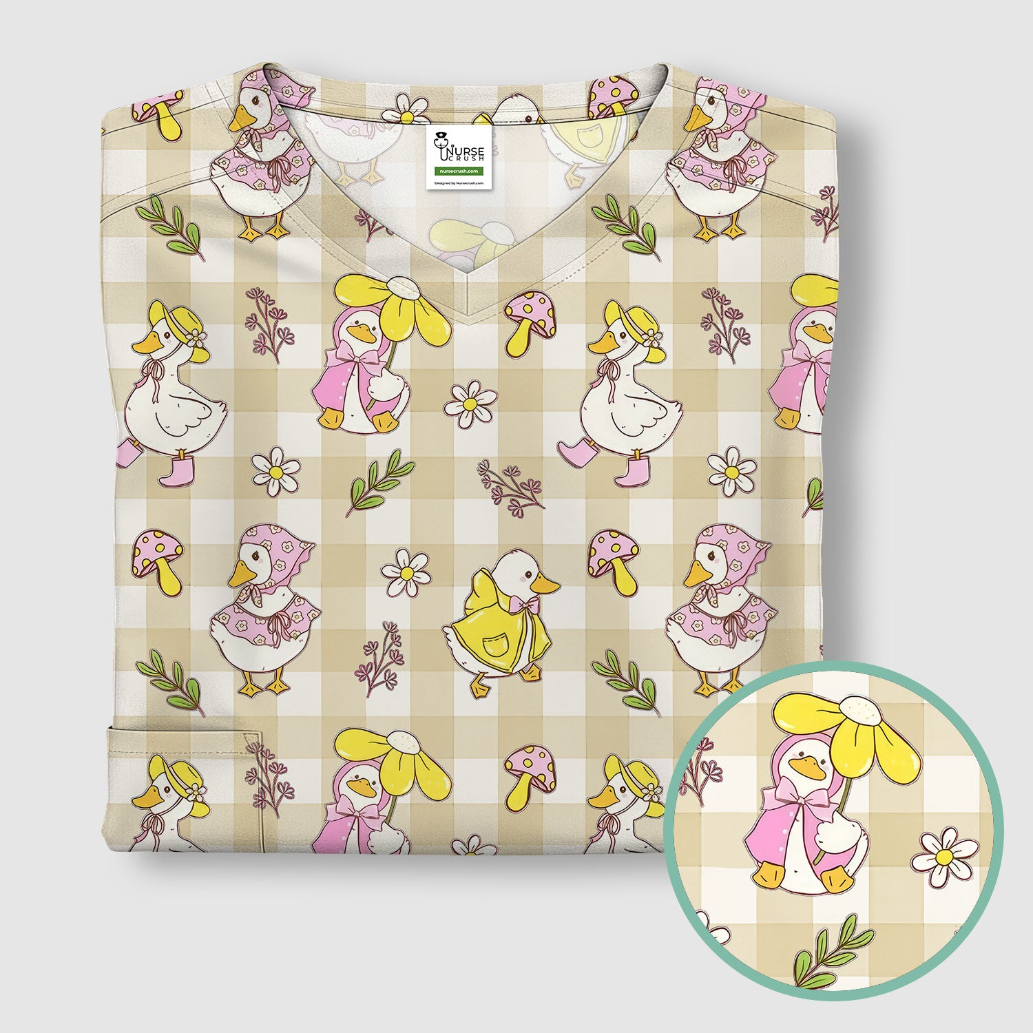 Cute Duck Outfit Gingham Pattern Scrub Top, Comfortable Scrubs for Nurses