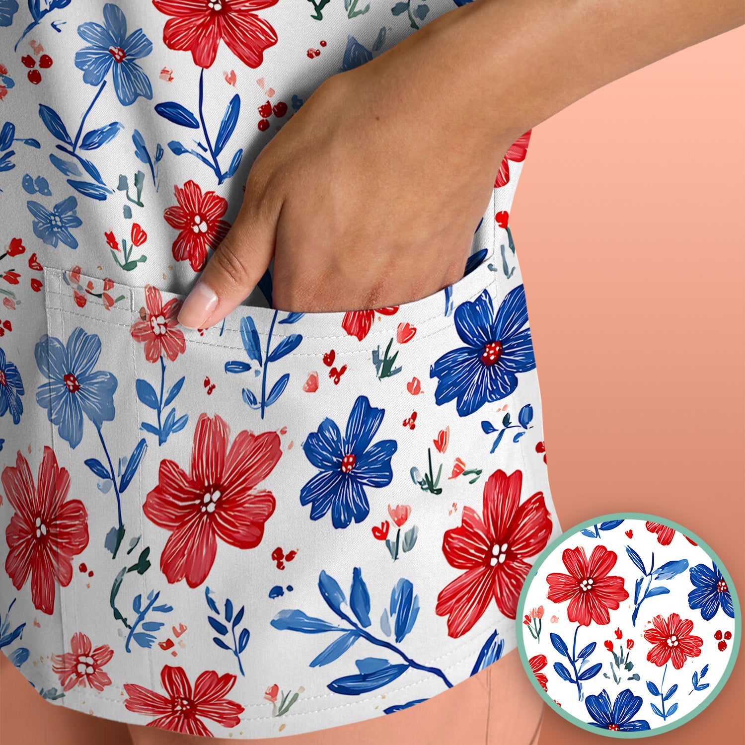 Patriotic Red White Blue Floral Print Scrub Top, Comfortable Scrubs for Nurses