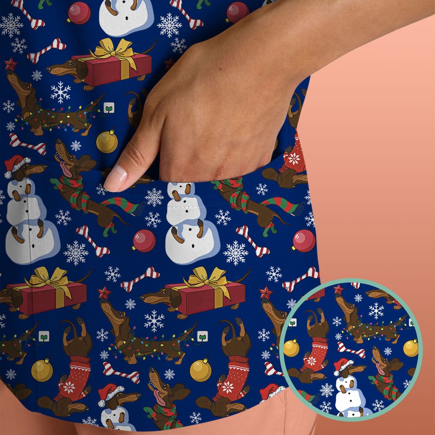 Custom Nurse Scrubs for Women - Christmas Dachshund Dog & Snowman Print - Multi Color Nursing Shirt Holiday Gift for Nurses