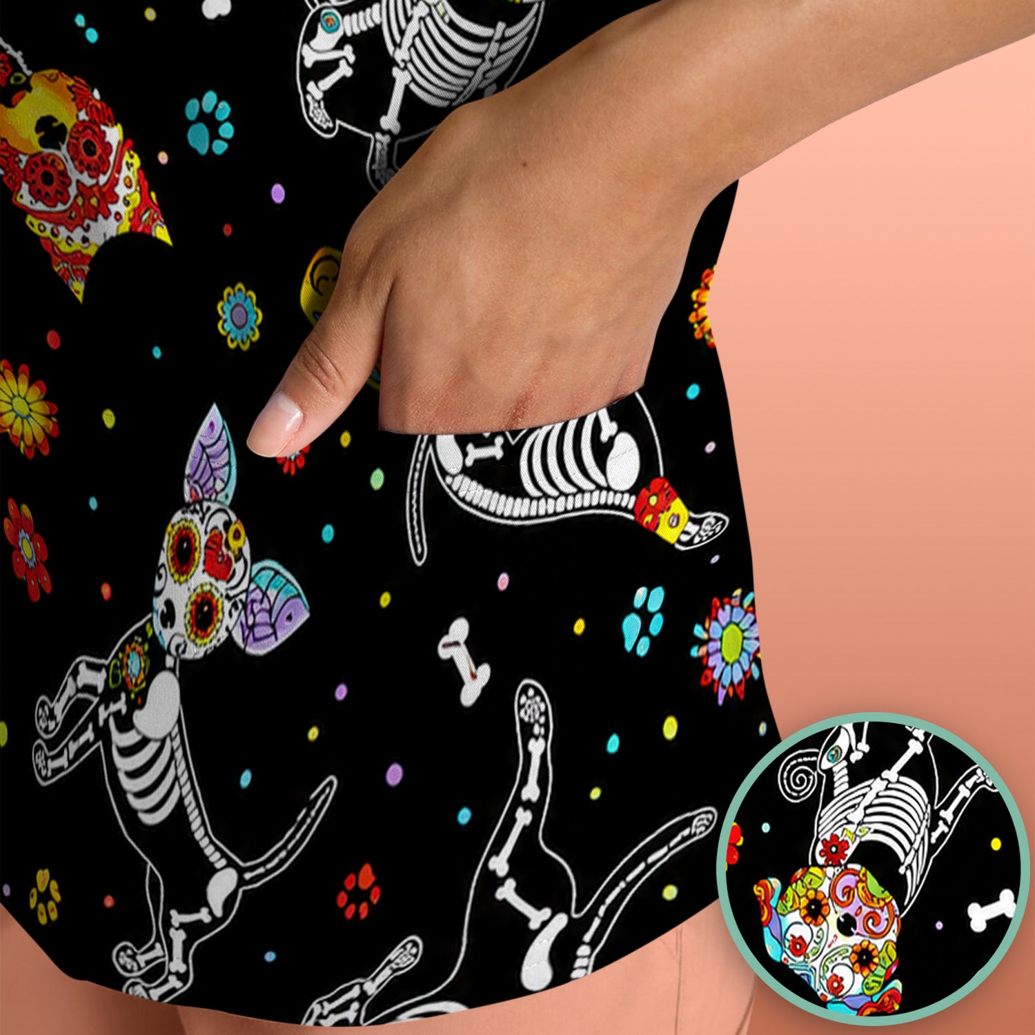 Colorful Day Of The Dead Dogs Scrub Top, Comfortable Scrubs for Nurses