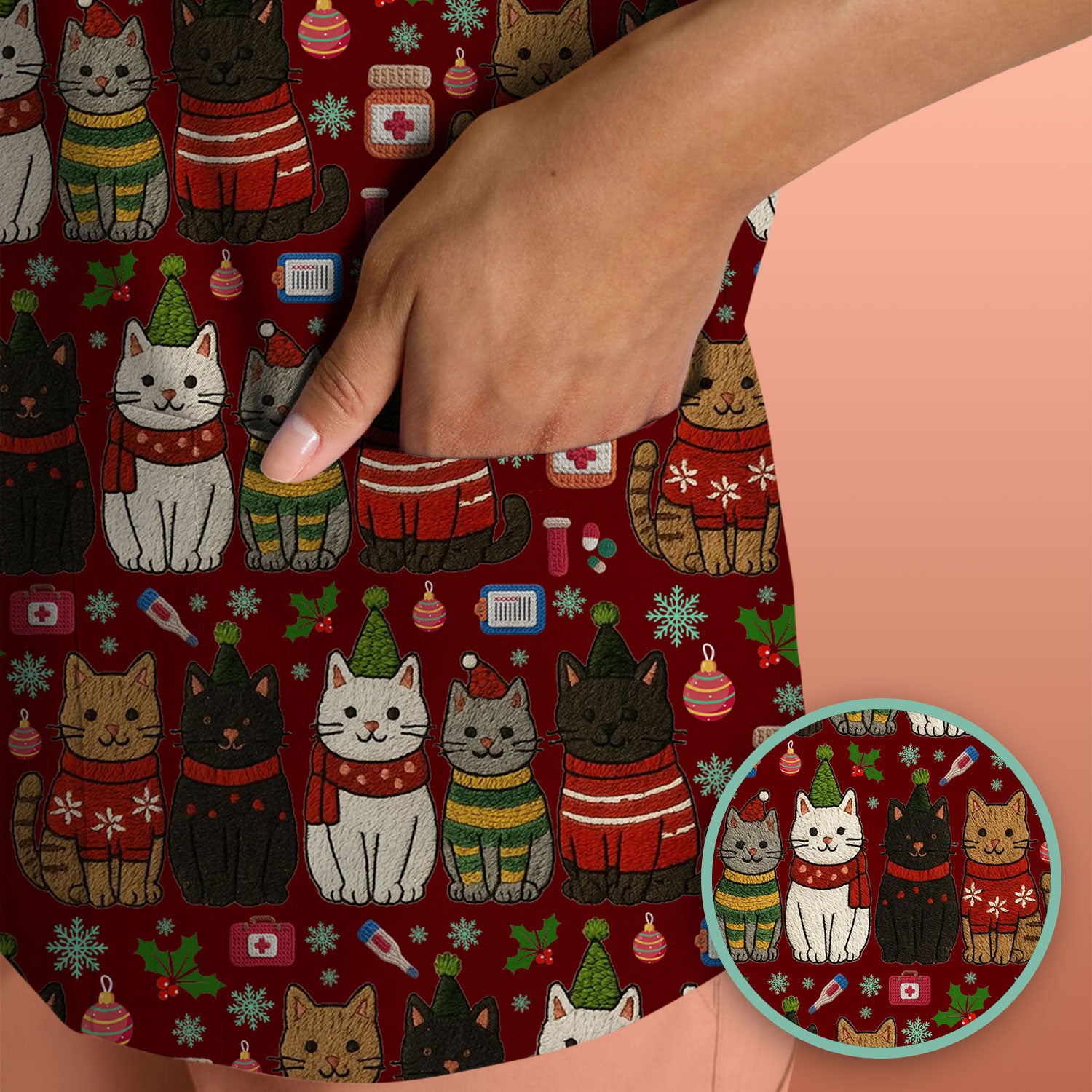 Christmas Cat Scrub Top, Funny Holiday Nurse Shirt, Festive Medical Uniform For Women RN LPN CNA Gift