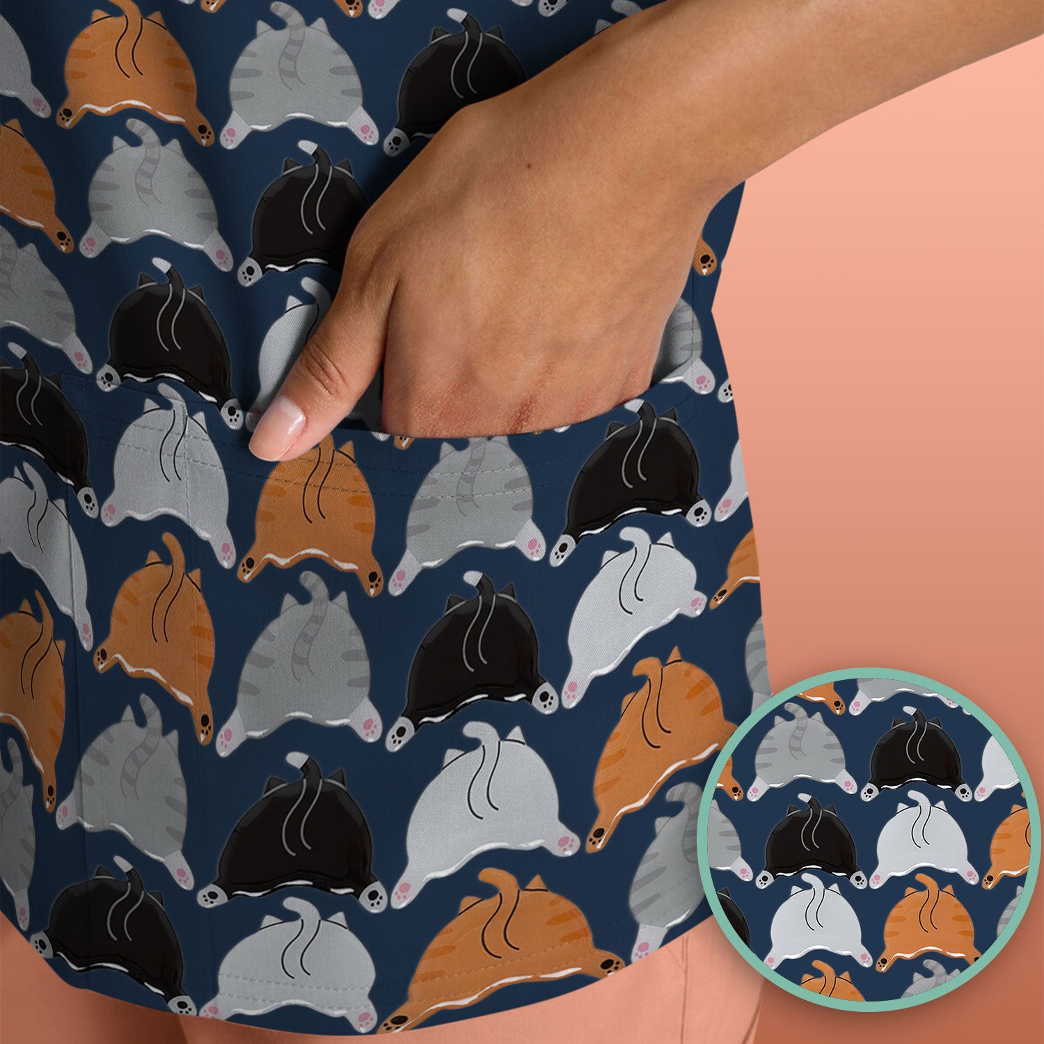 Playful Multicolor Cat Print Scrub Top, Breathable Fabrics Nursing Uniform