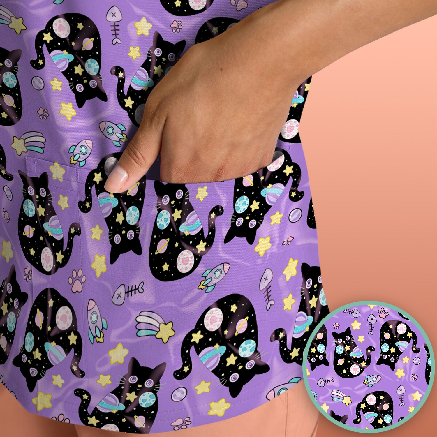 Galaxy Black Cat Space Pattern Scrub Top, Breathable Fabrics Nursing Uniform