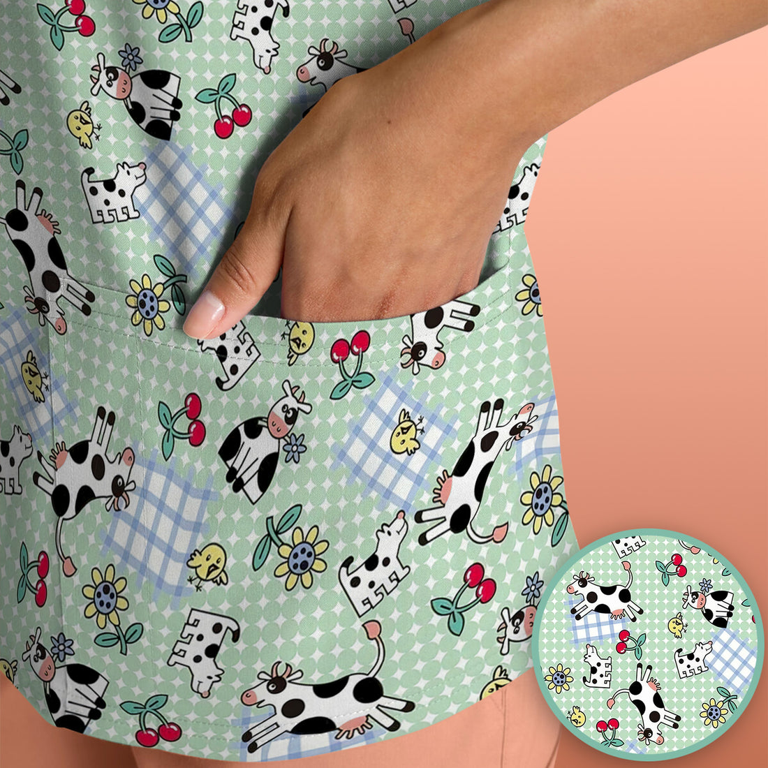 Cute Cow Cherry Farm Garden Pattern Nurse Scrub Top, Comfortable Scrubs for Nurses