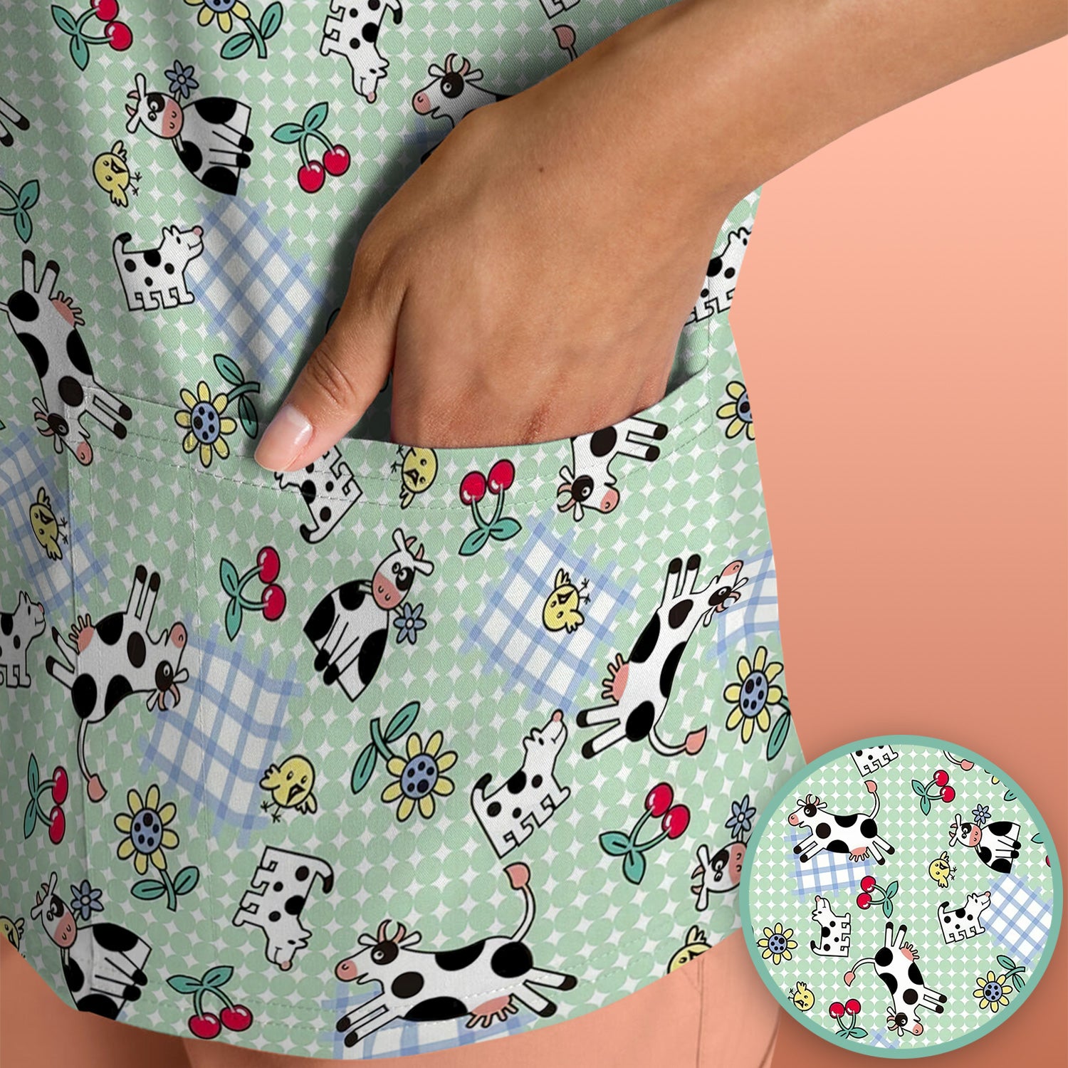 Cute Cow Cherry Farm Garden Pattern Nurse Scrub Top, Comfortable Scrubs for Nurses