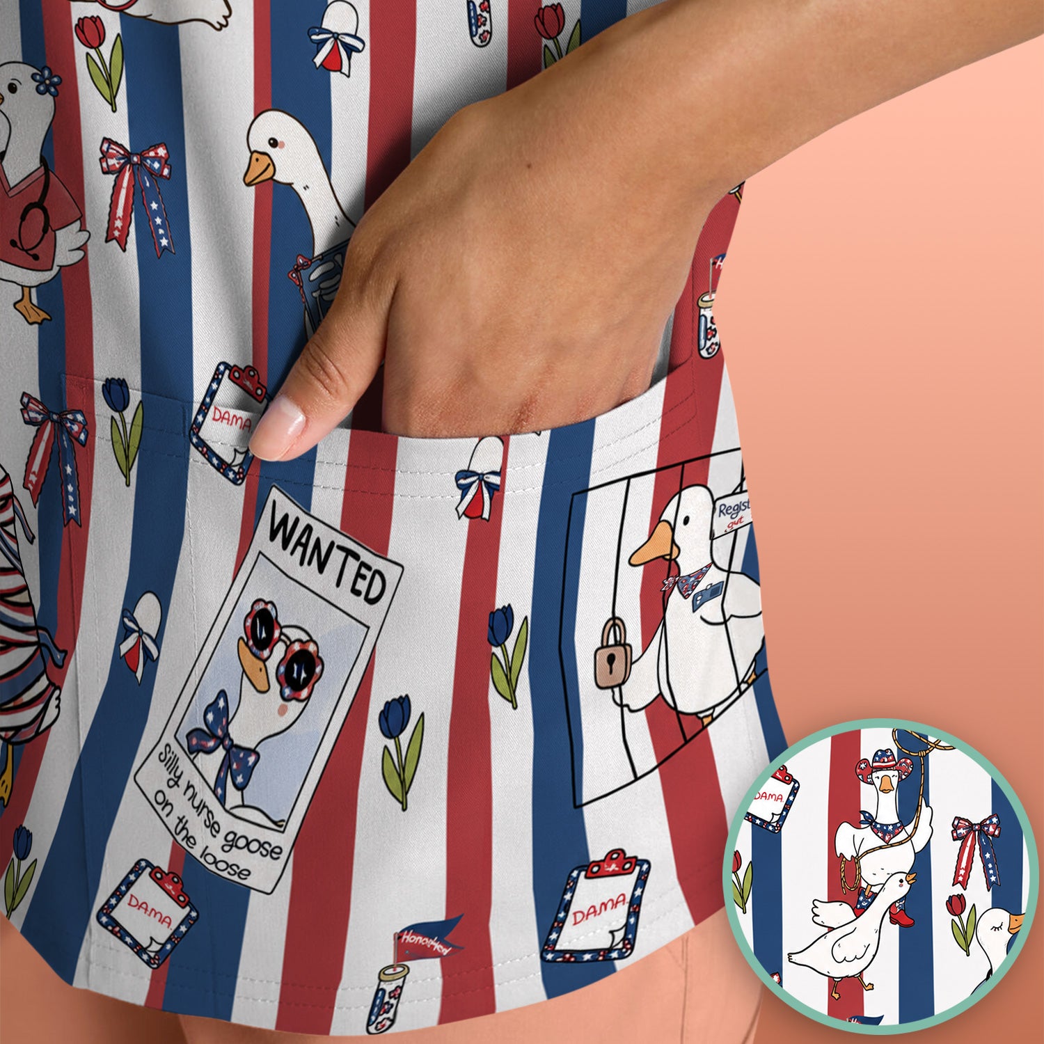Funny Patriotic Goose Nurse Pattern Scrub Top, Comfortable Scrubs for Nurses