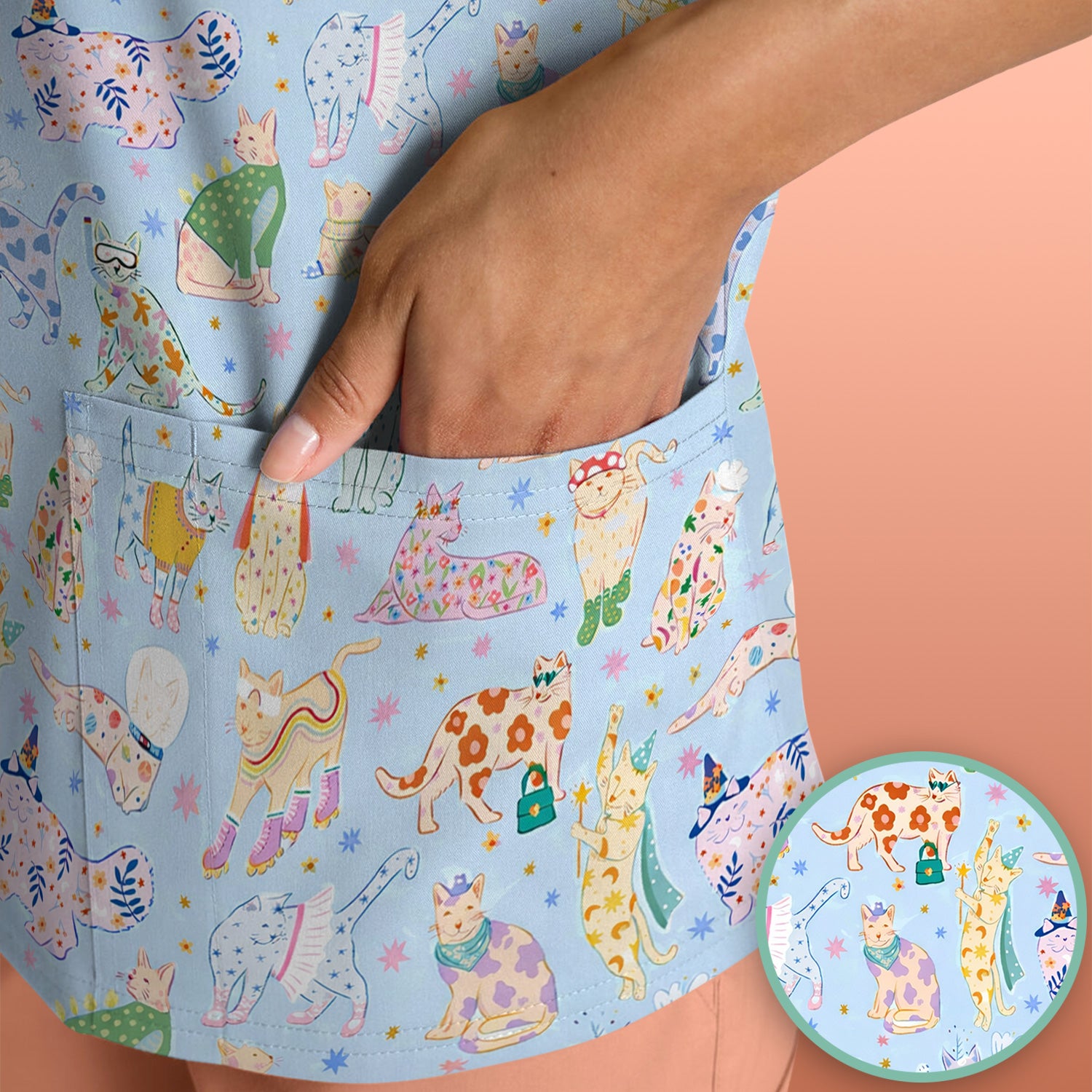 Cute Colorful Cats Pattern Scrub Top, Comfortable Scrubs for Nurses