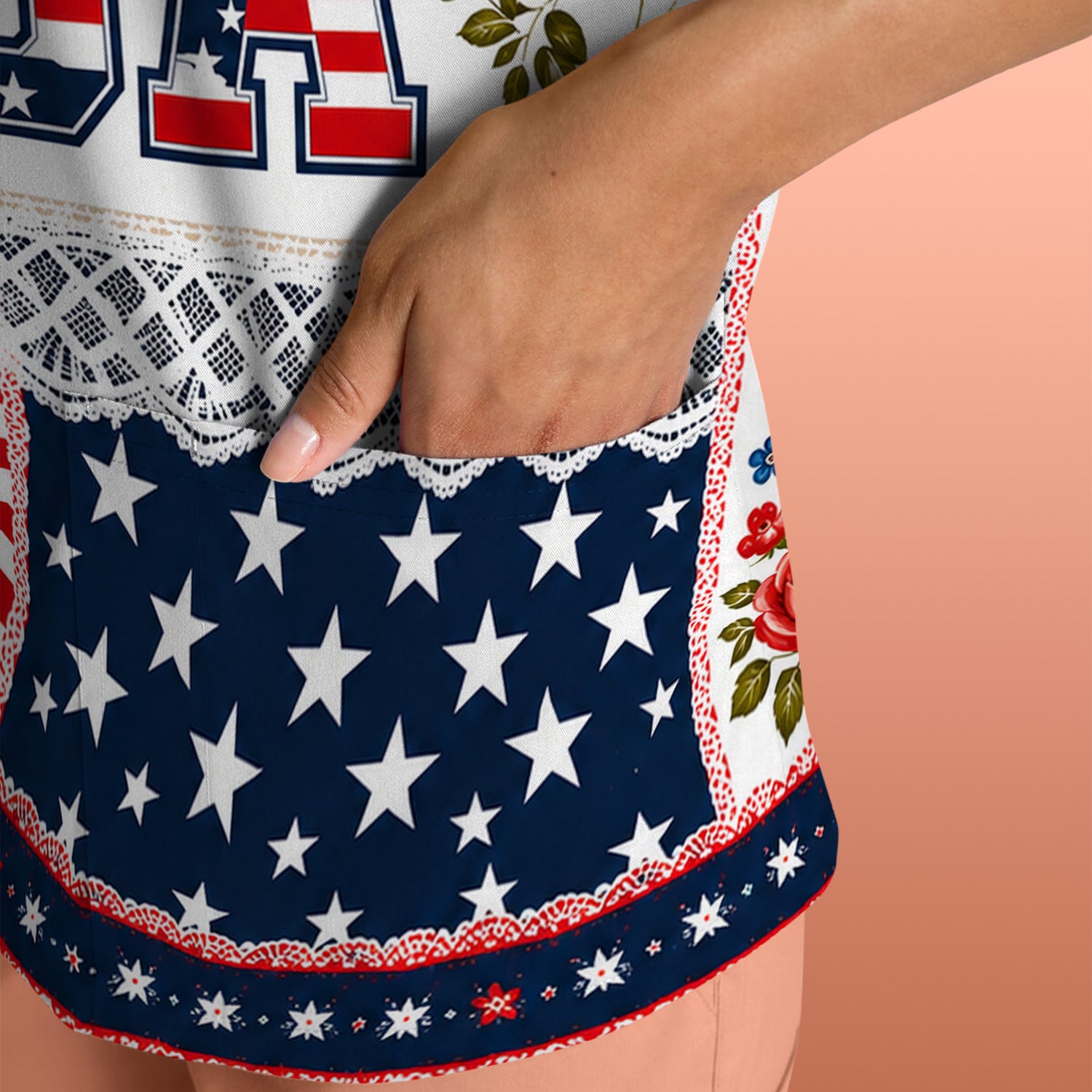 Patriotic Patchwork with USA Flag Pattern Scrub Top, Comfortable Scrubs for Nurses