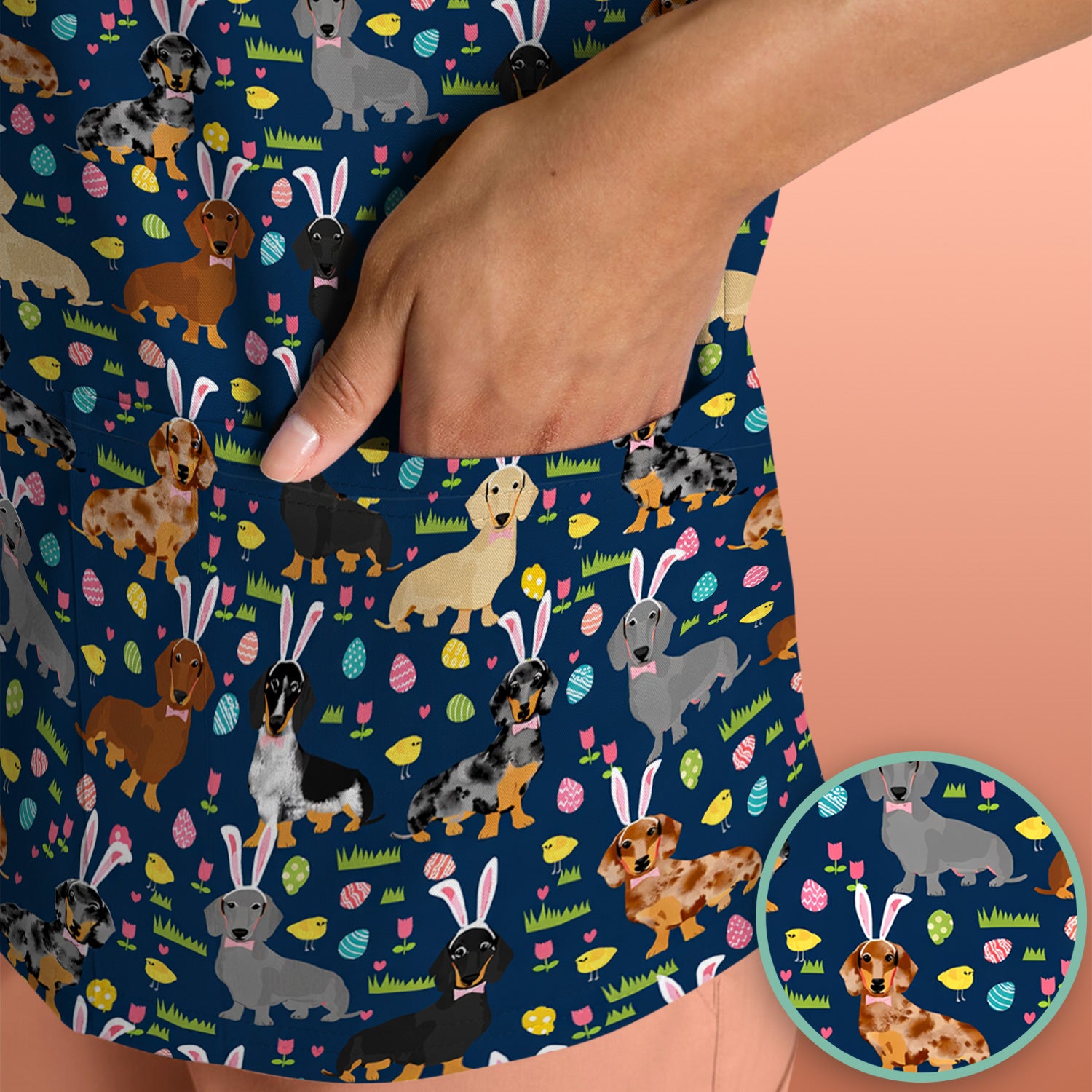 Easter Dachshund Dog Pattern Scrub Top, Comfortable Scrubs for Nurses
