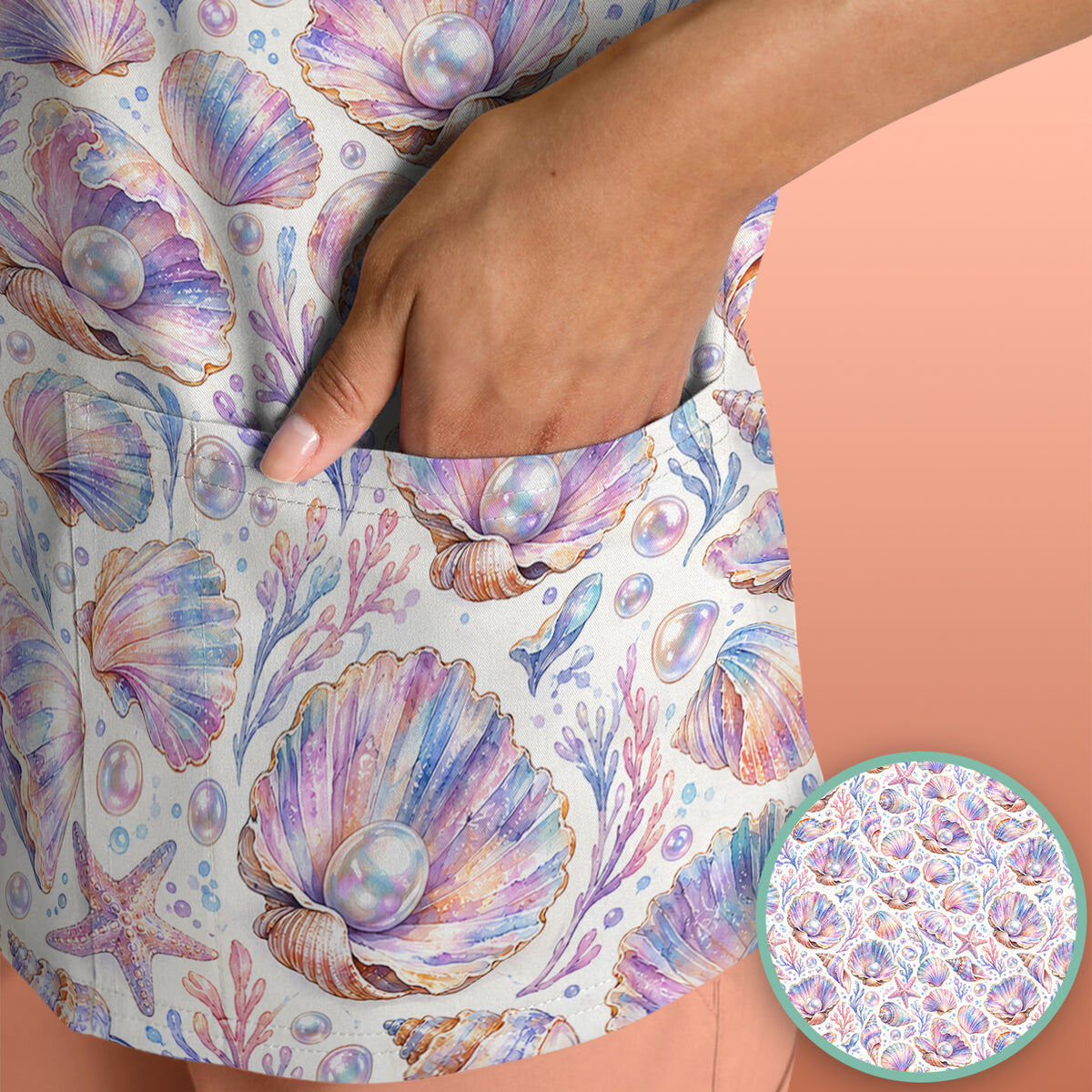 Pastel Seashell And Pearl Pattern Scrub Top, Comfortable Scrubs for Nurses