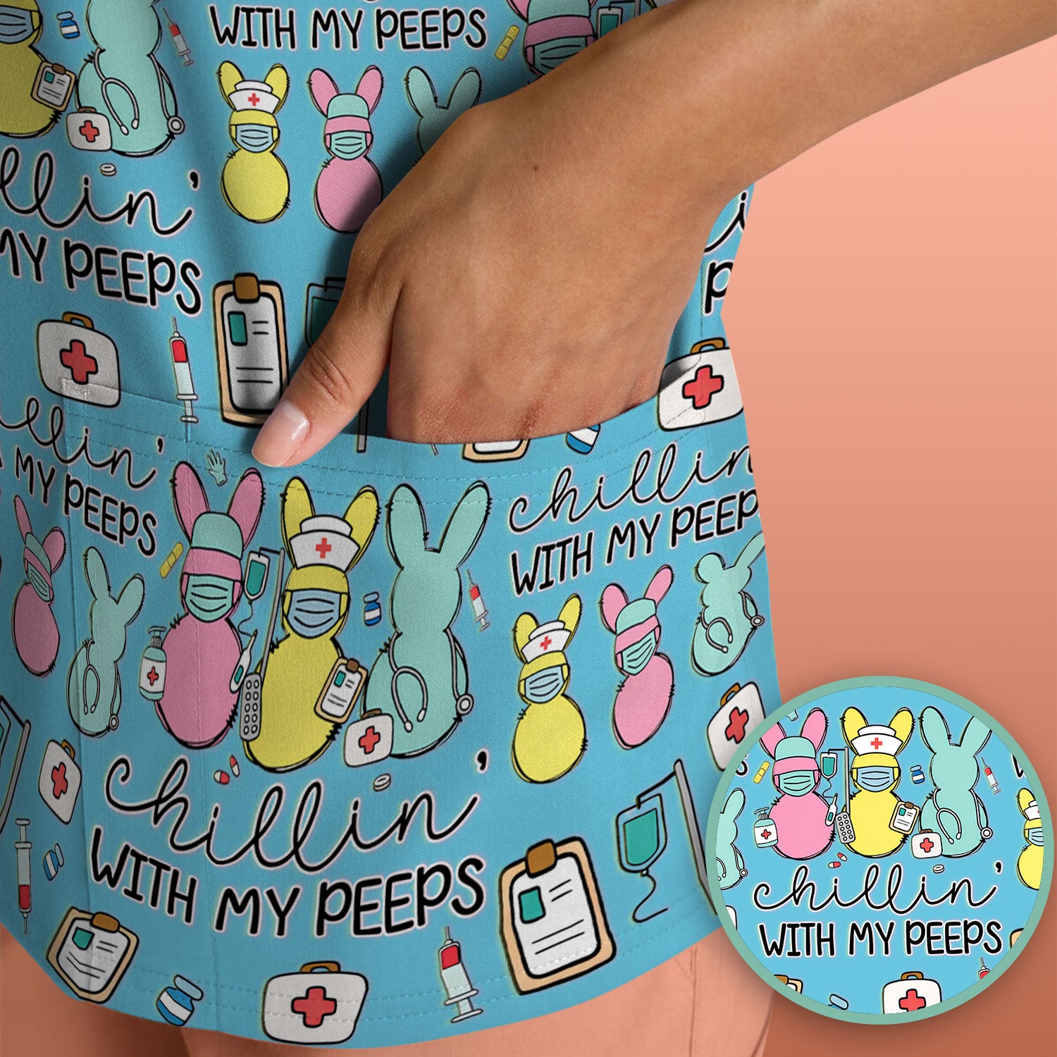 Cute Bunny Nurse Chillin With My Peeps Scrub Top, Comfortable Scrubs for Nurses, Easter