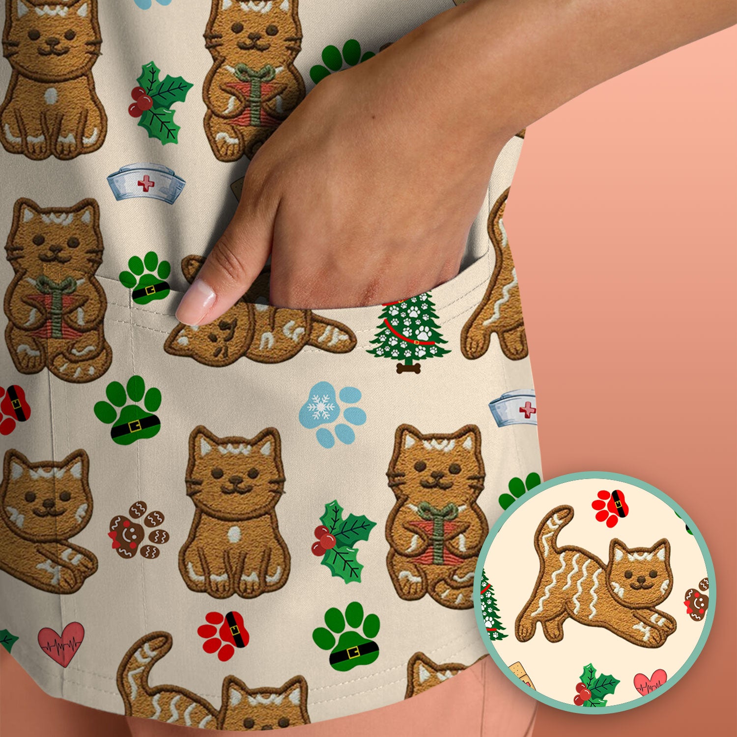Gingerbread Cat Christmas Scrub Top, Cute Holiday Kitty Medical Uniform Shirt For Nursing, Festive Nurse Pattern