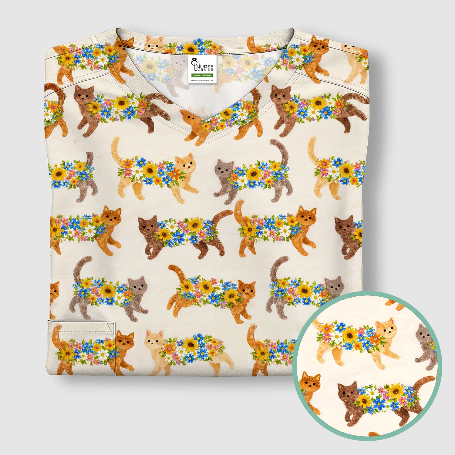 Cute Flower Filled Cat Pattern Scrub Top, Breathable Fabrics Nursing Uniform