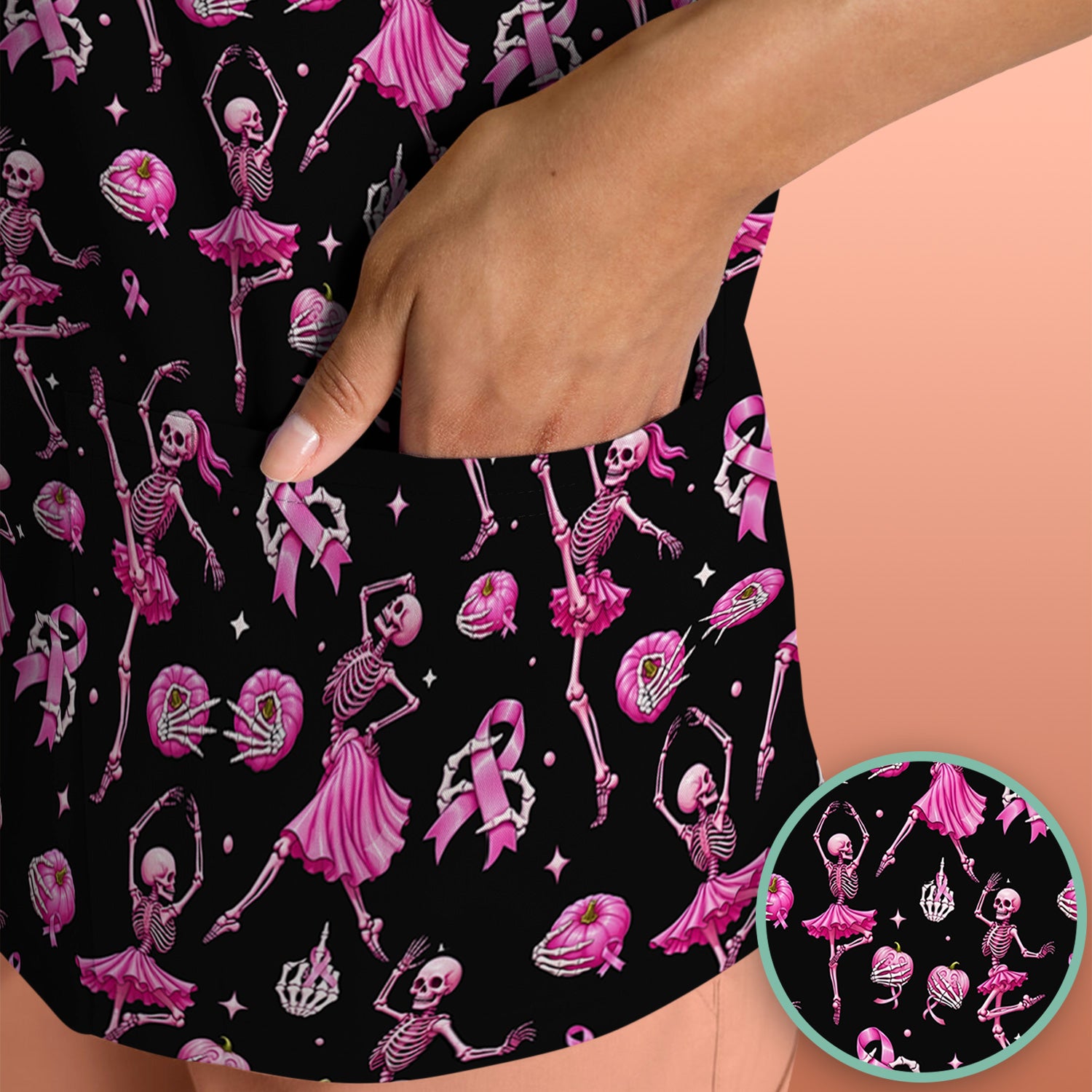 Pink Ribbon Skeleton Ballerina Print Scrub Top, Comfortable Scrubs for Nurses