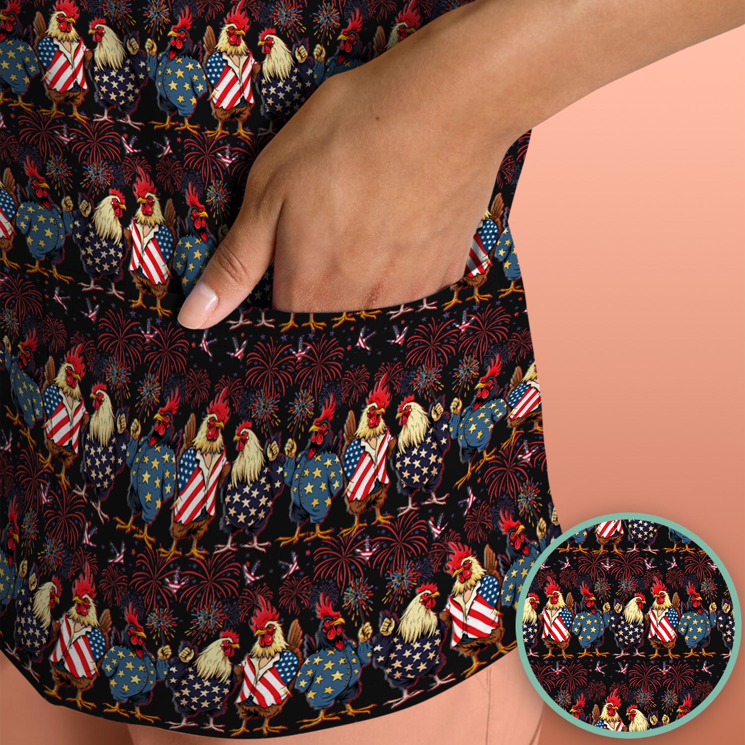 Patriotic Rooster Fireworks Pattern Scrub Top, Comfortable Scrubs for Nurses