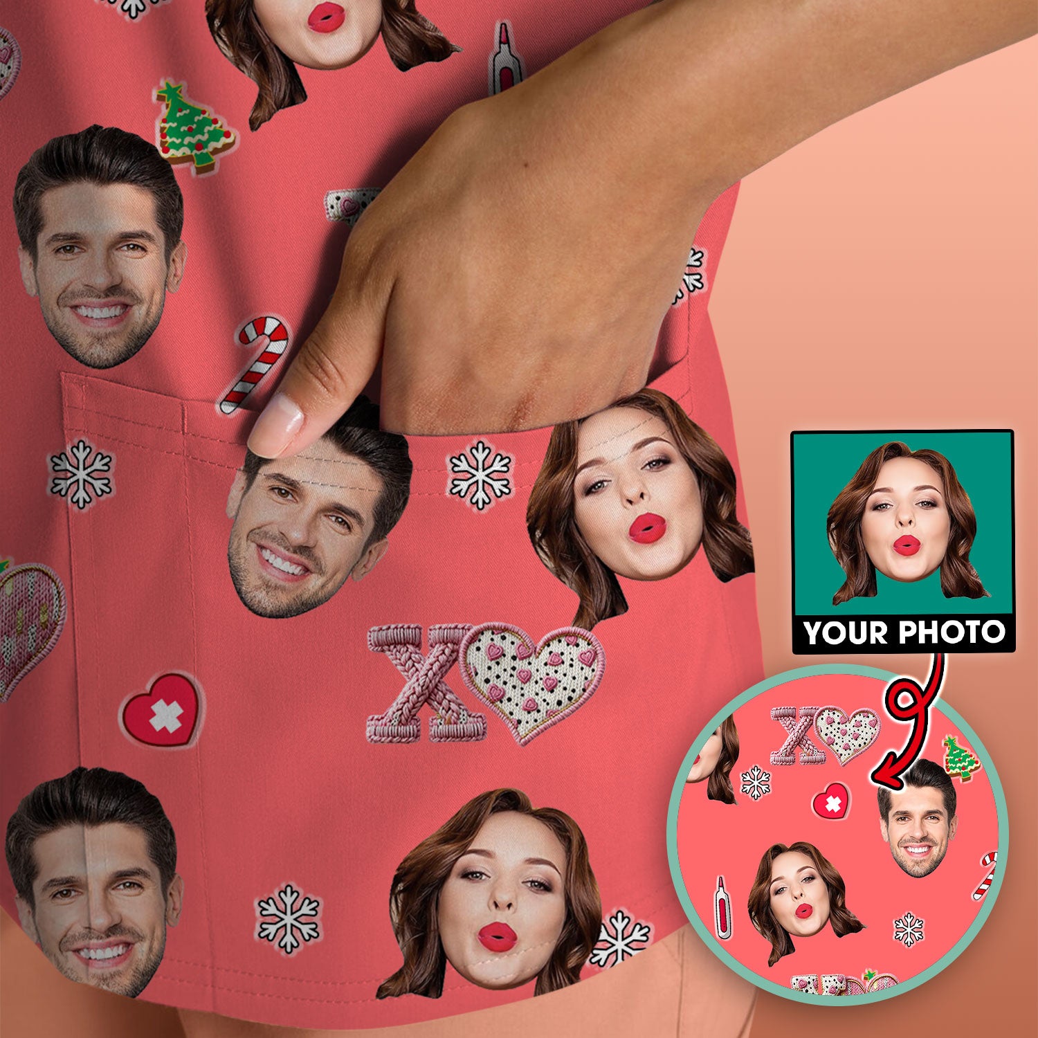 Custom Face Pattern XOXO Scrub Shirt, Personalized Photo Scrub Top, Breathable Fabrics Nursing Uniform