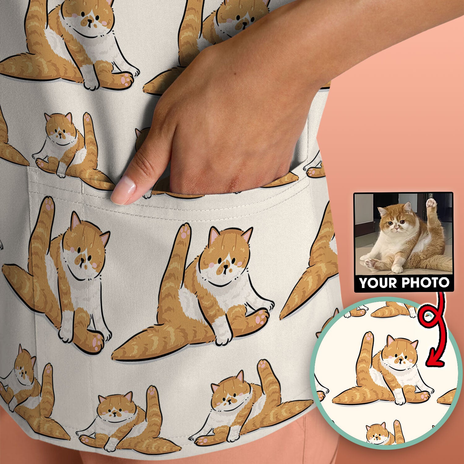 Personalized Cute Cat Nurse Scrub Top, Custom Cat Photo Pattern Medical Shirt For Pet Lover, Breathable Fabrics Nursing Uniform