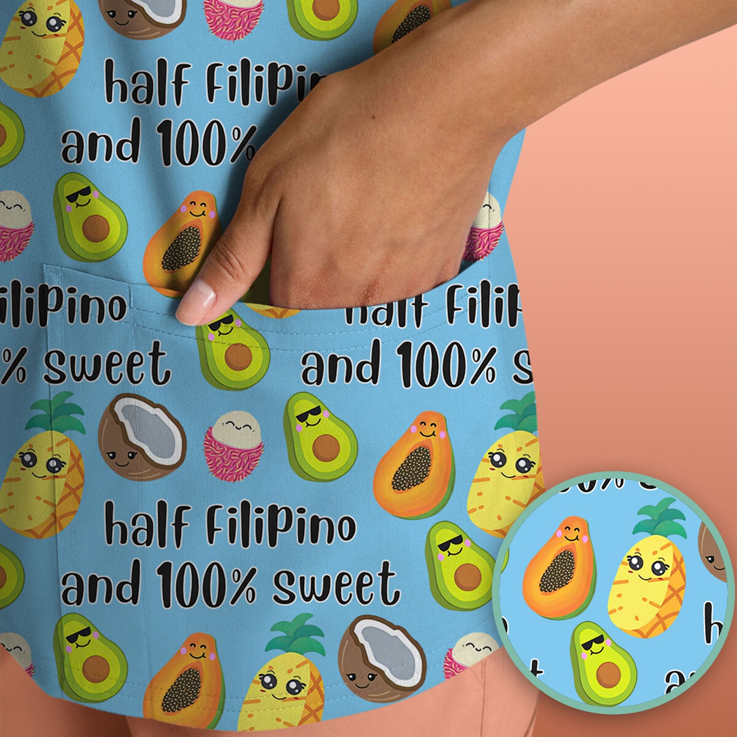 Playful Avocado Fruit Print Filipino Quote Scrub Top, Breathable Fabrics Nursing Uniform