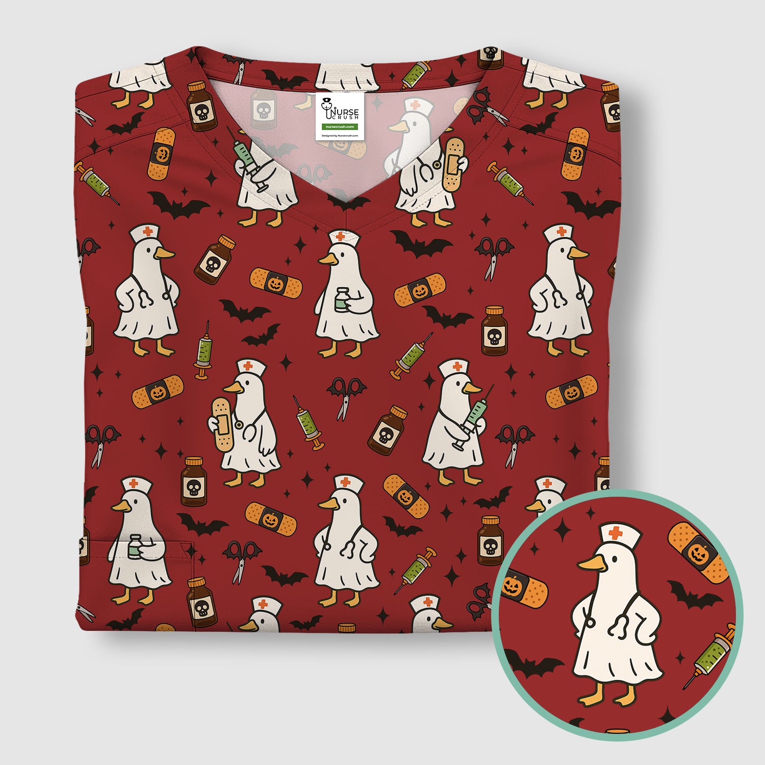 Cute Duck Pattern Nurse Scrub Top - Funny Goose Halloween Medical Design - Playful Spooky Nursing Shirt for RN LPN CNA Women