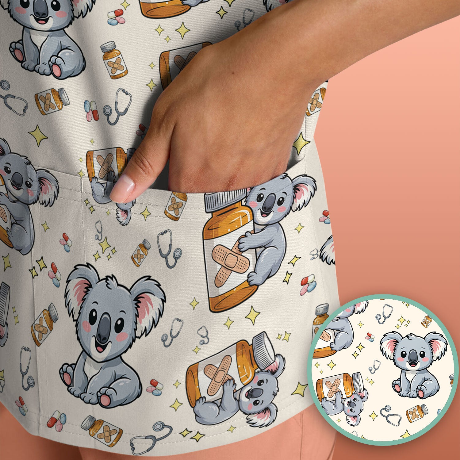 Cute Koala Nurse Bandage Medicine Print Scrub Top, Comfortable Scrubs for Nurses