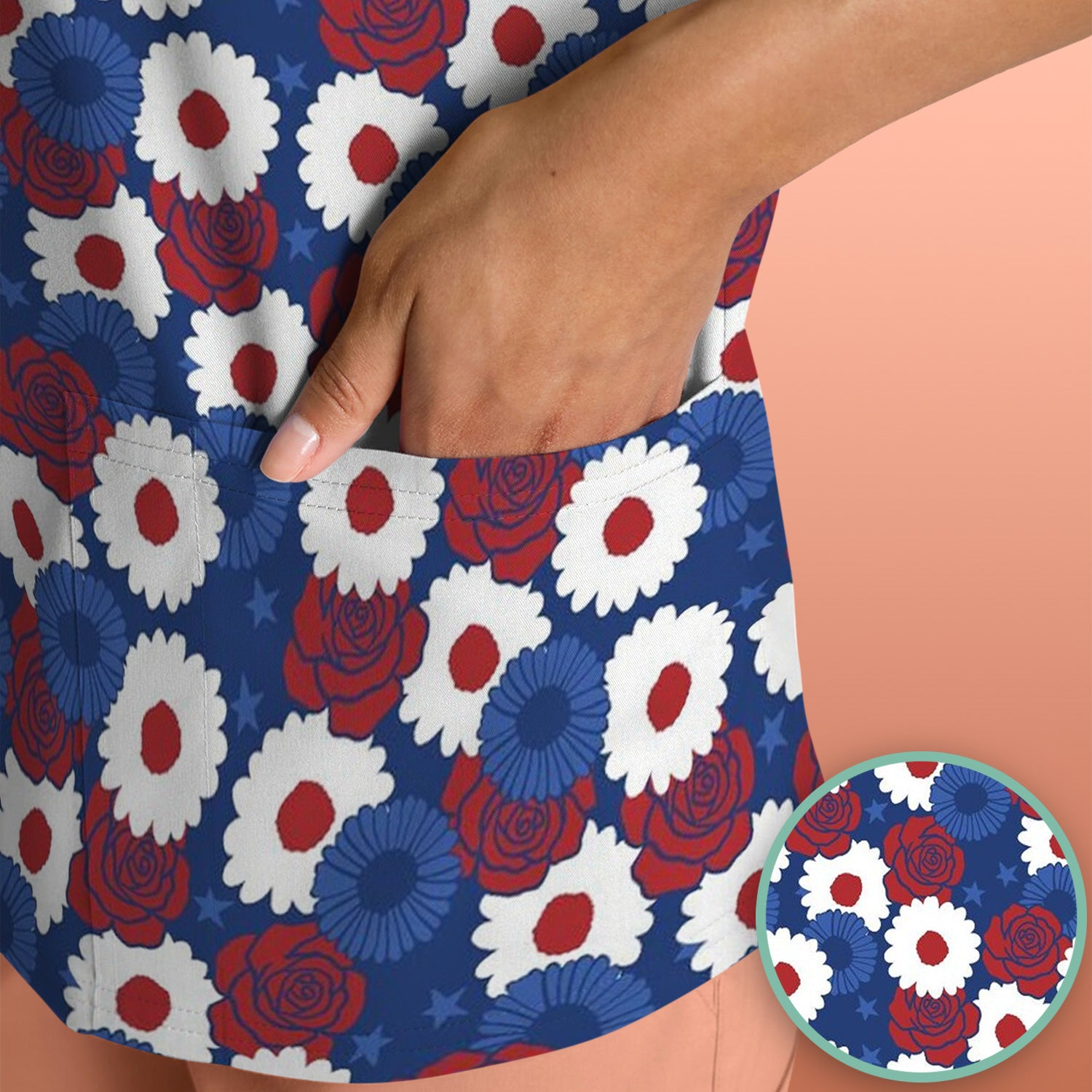 Daisy Rose Floral Pattern Scrub Top, Comfortable Scrubs for Nurses