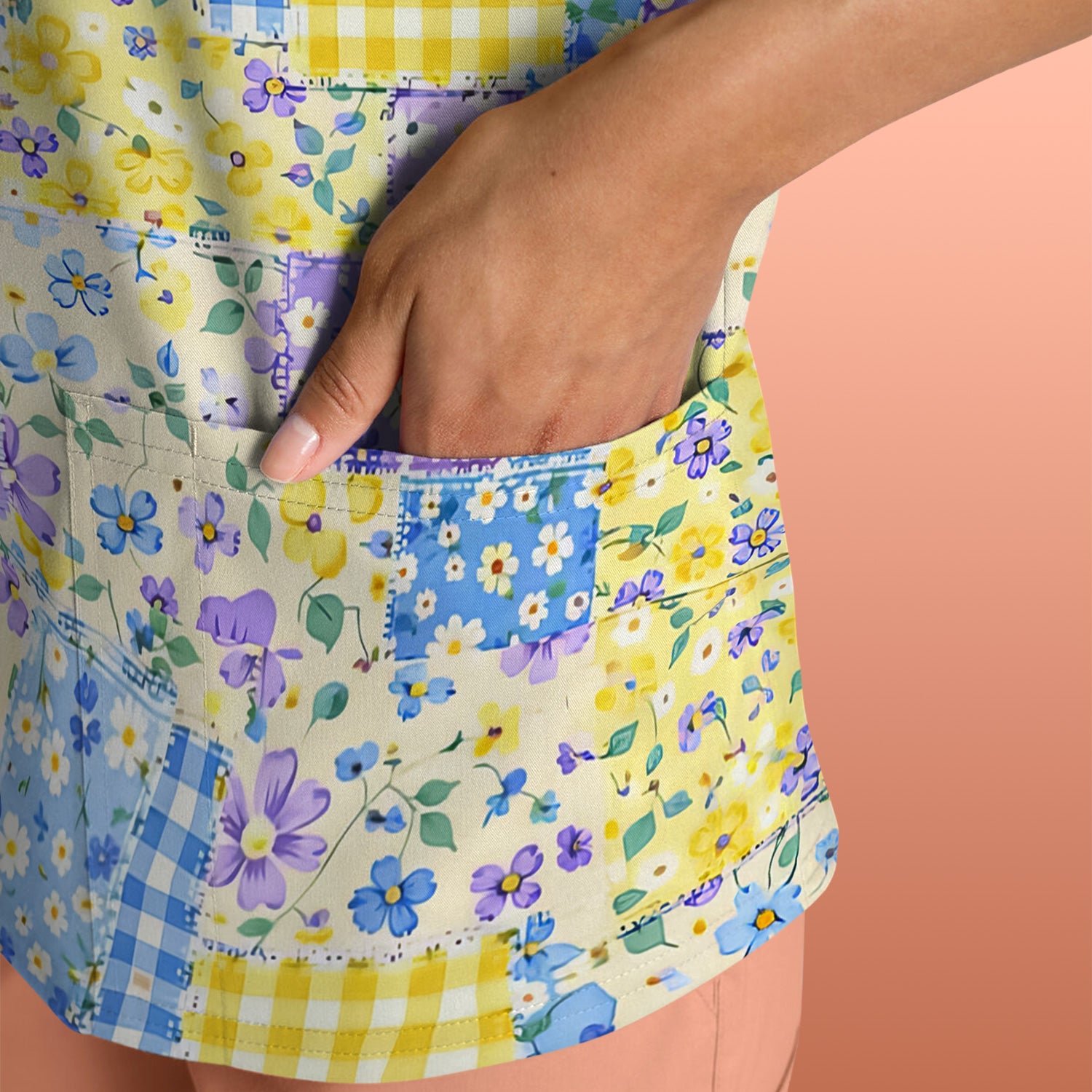 Cute Floral Patchwork Gingham Pattern Scrub Top, Breathable Fabrics Nursing Uniform